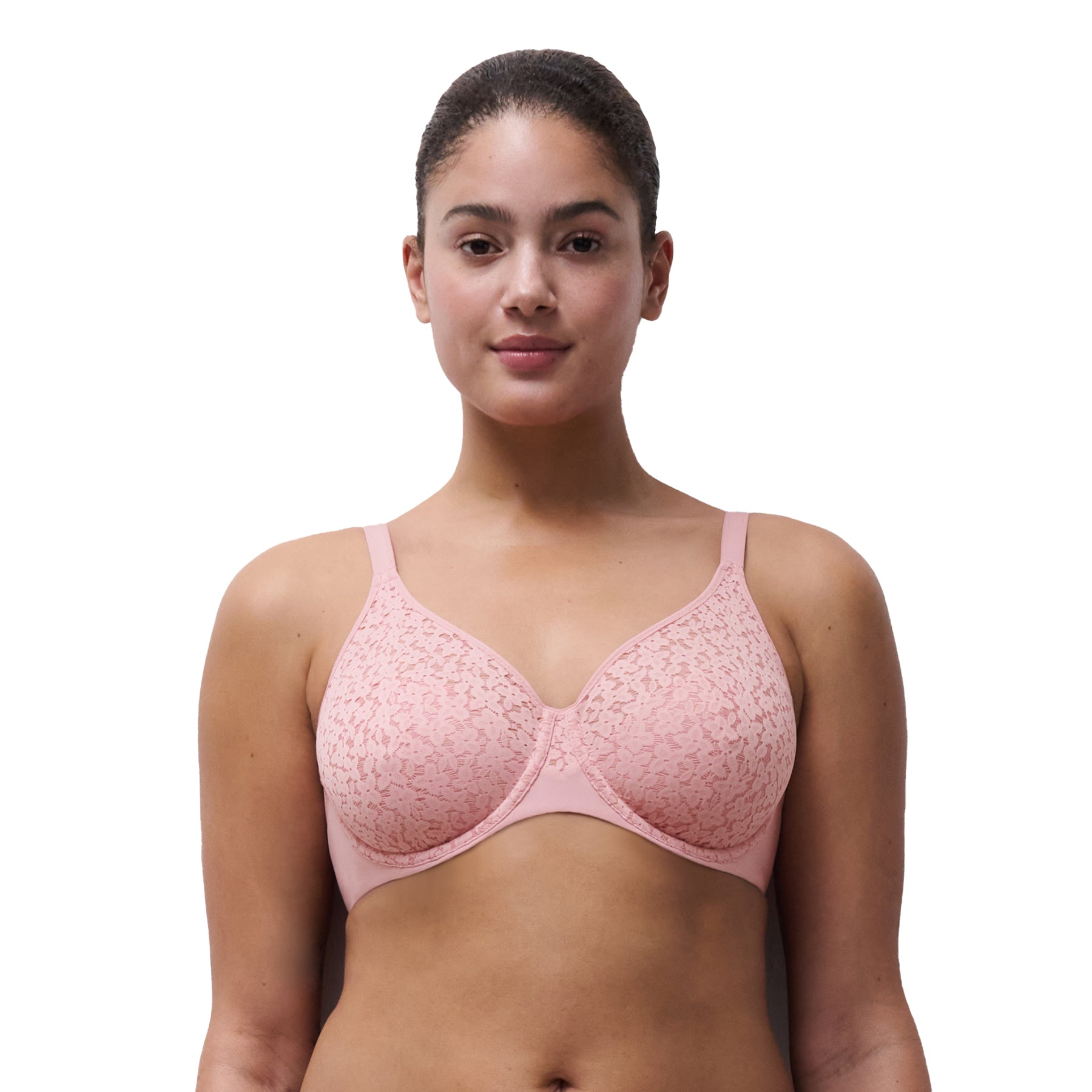 Model wearing rose des sables lace underwire bra showcasing a smooth, natural silhouette and soft blush colour