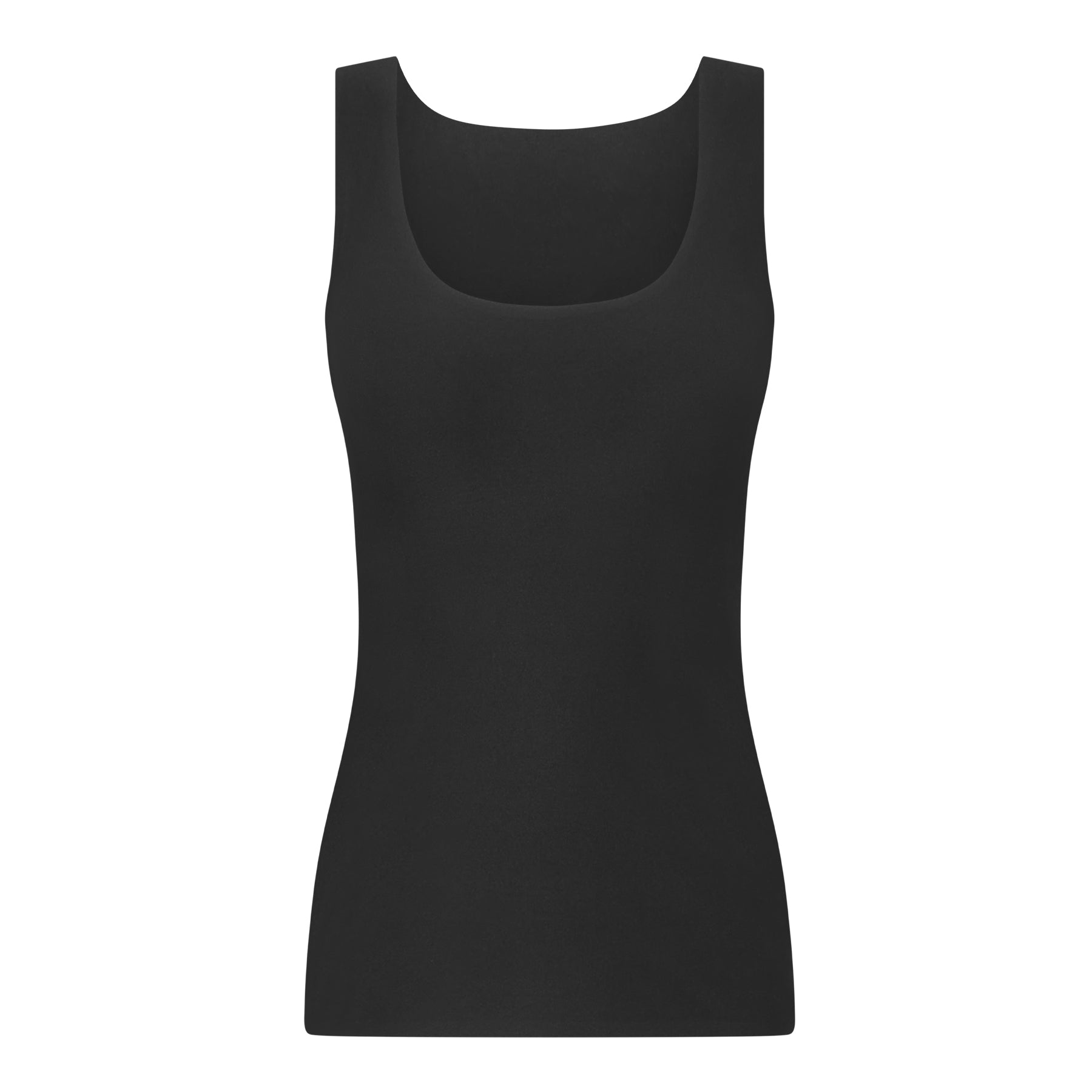 Black padded tank top with scoop neckline and smooth stretch fabric on white background.