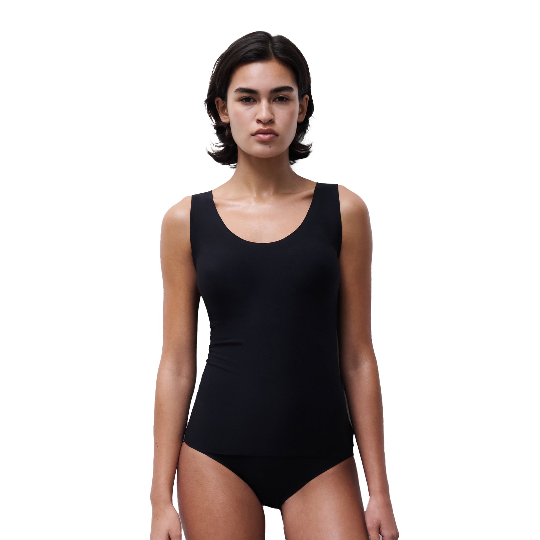 Model wearing black padded tank top with scoop neckline and built-in padding.
