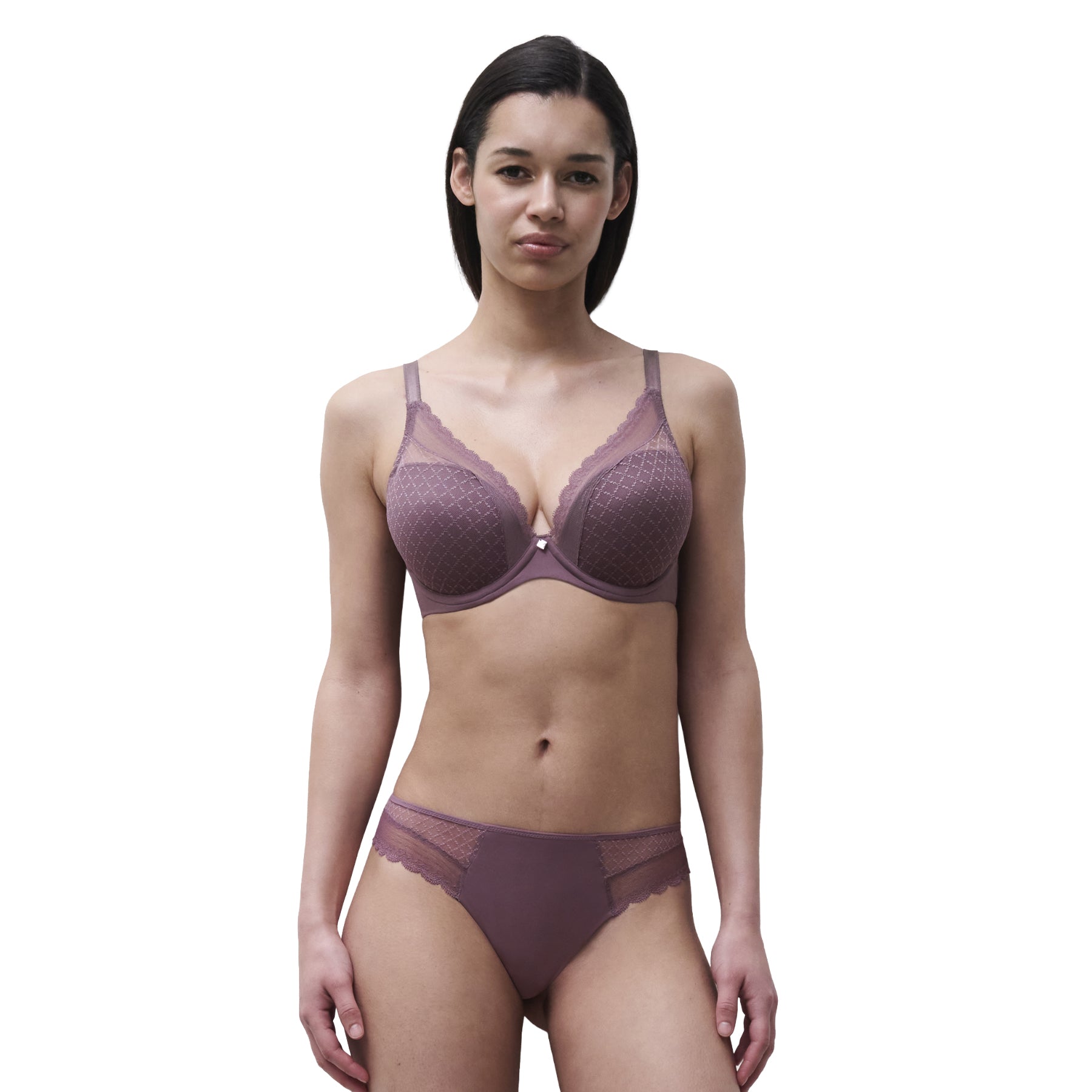 Model wearing the Chantelle Norah Chic full cup bra in mauve, paired with matching briefs for a refined and elegant everyday lingerie set.
