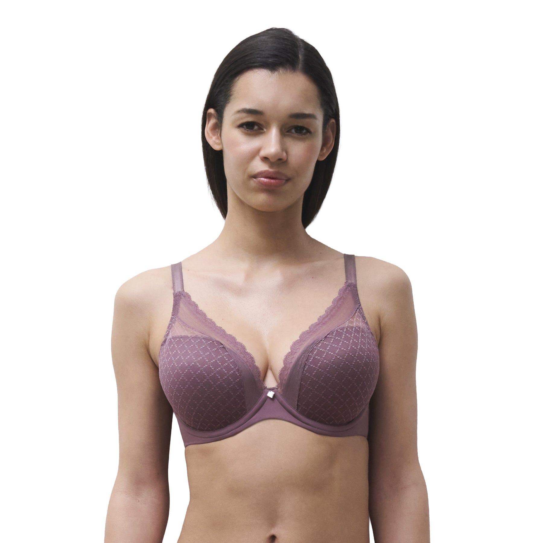 Close-up of the Chantelle Norah Chic bra highlighting the soft jacquard cups, sheer lace neckline, and flattering plunge-inspired silhouette.