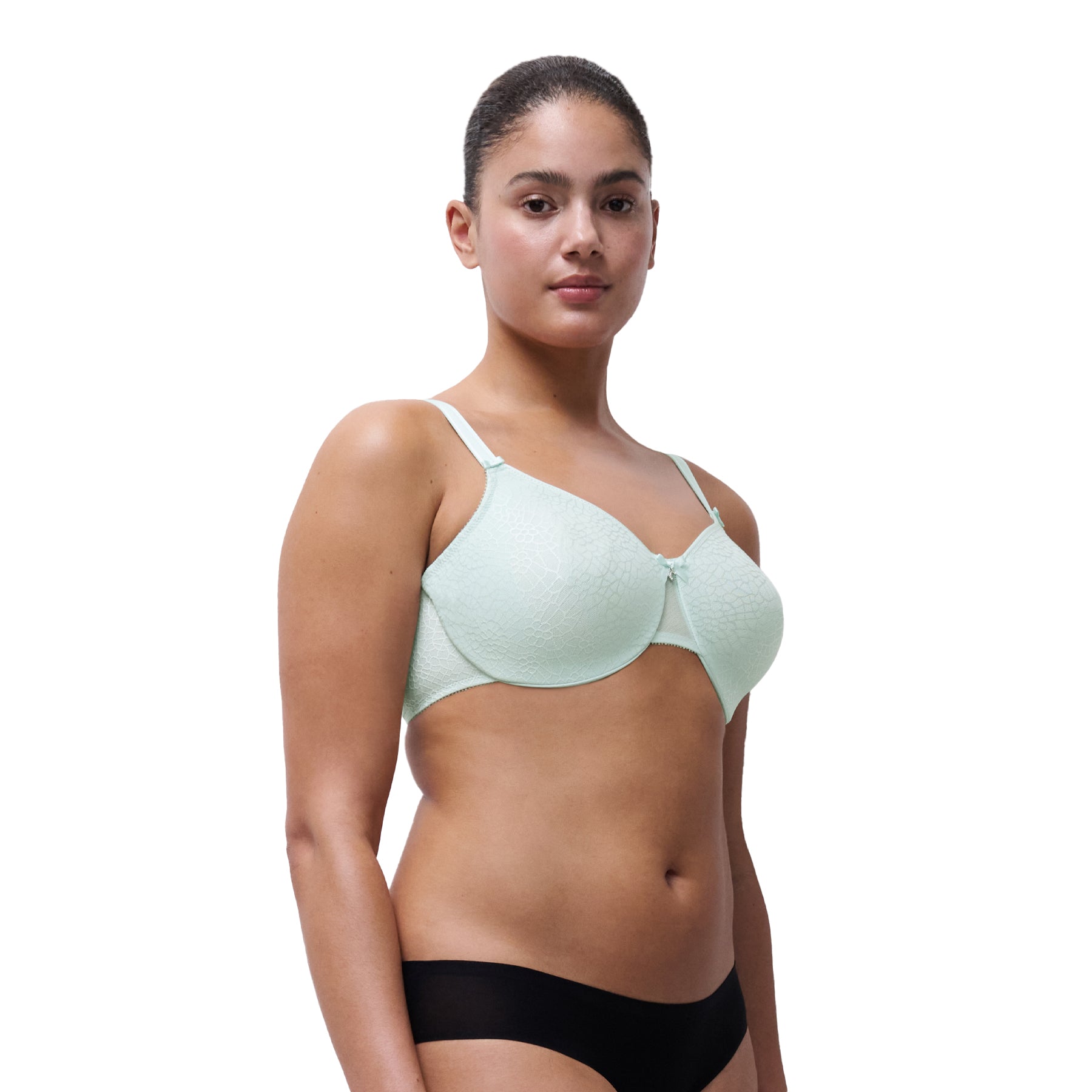 Angled front view of atoll green lace bra highlighting a natural shape and lightweight lace overlay