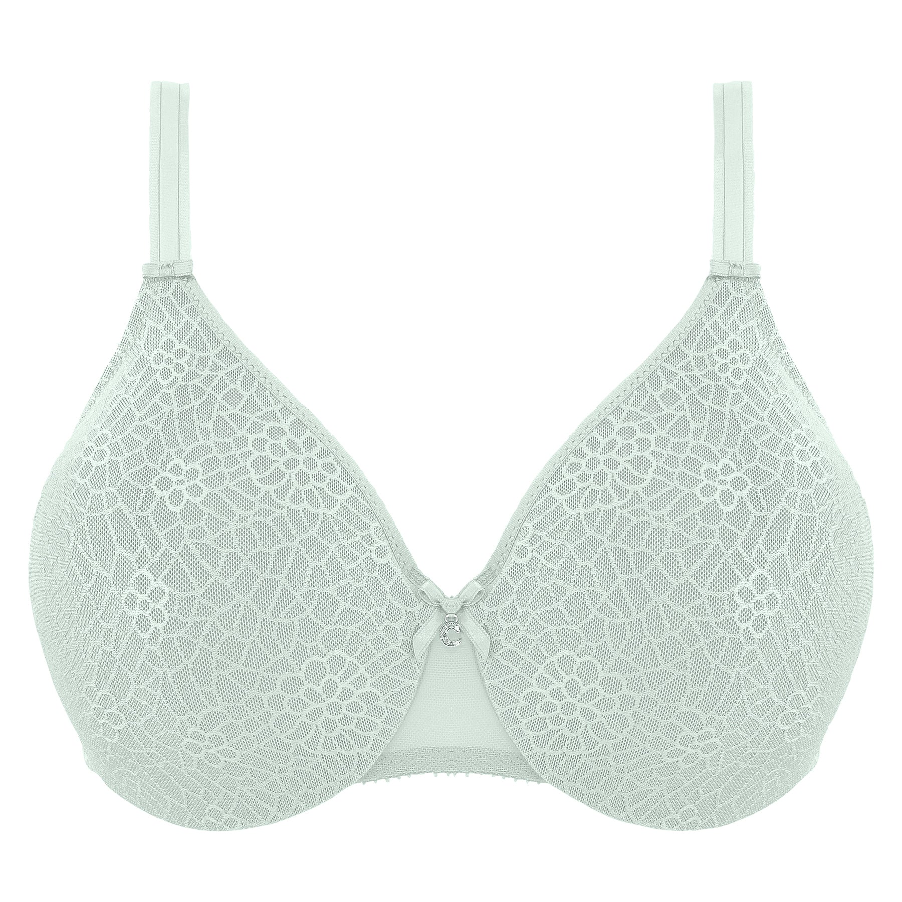 Atoll green lace underwire bra with floral lace overlay displayed on white background
