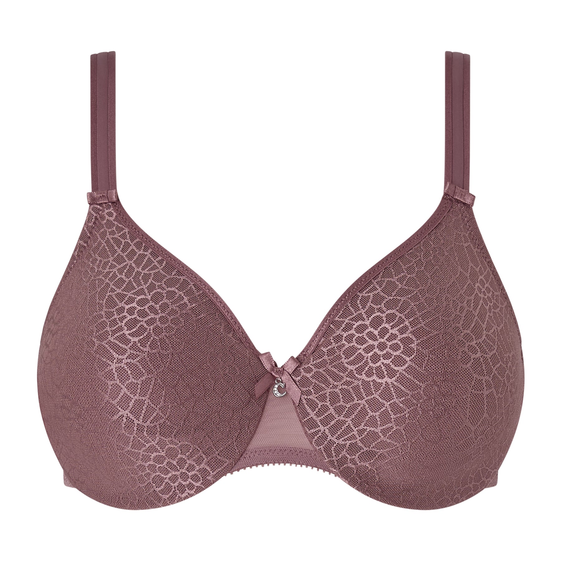 Mauve bra with lace detailing on a white background