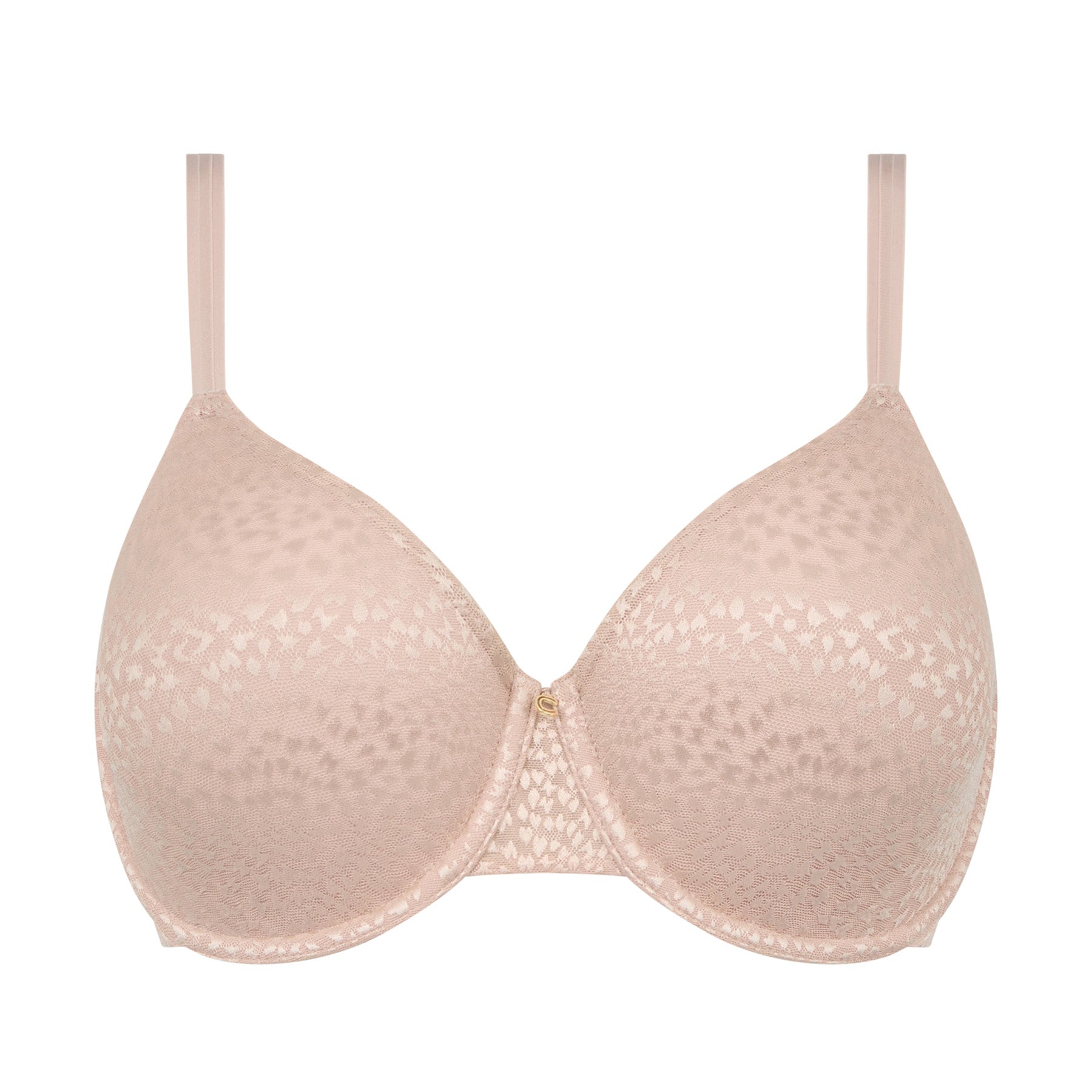 Soft pink minimizer bra with molded cups and jacquard print, shown flat on white background.