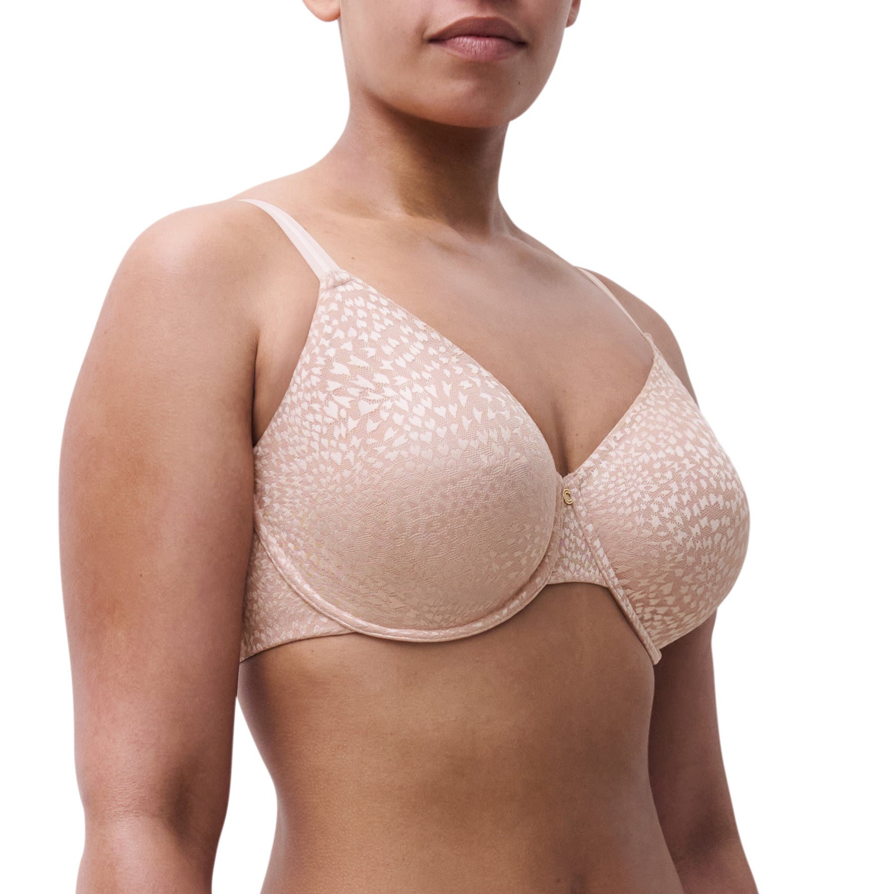 Side angle view of soft pink full cup minimizer bra with delicate tonal animal print pattern.