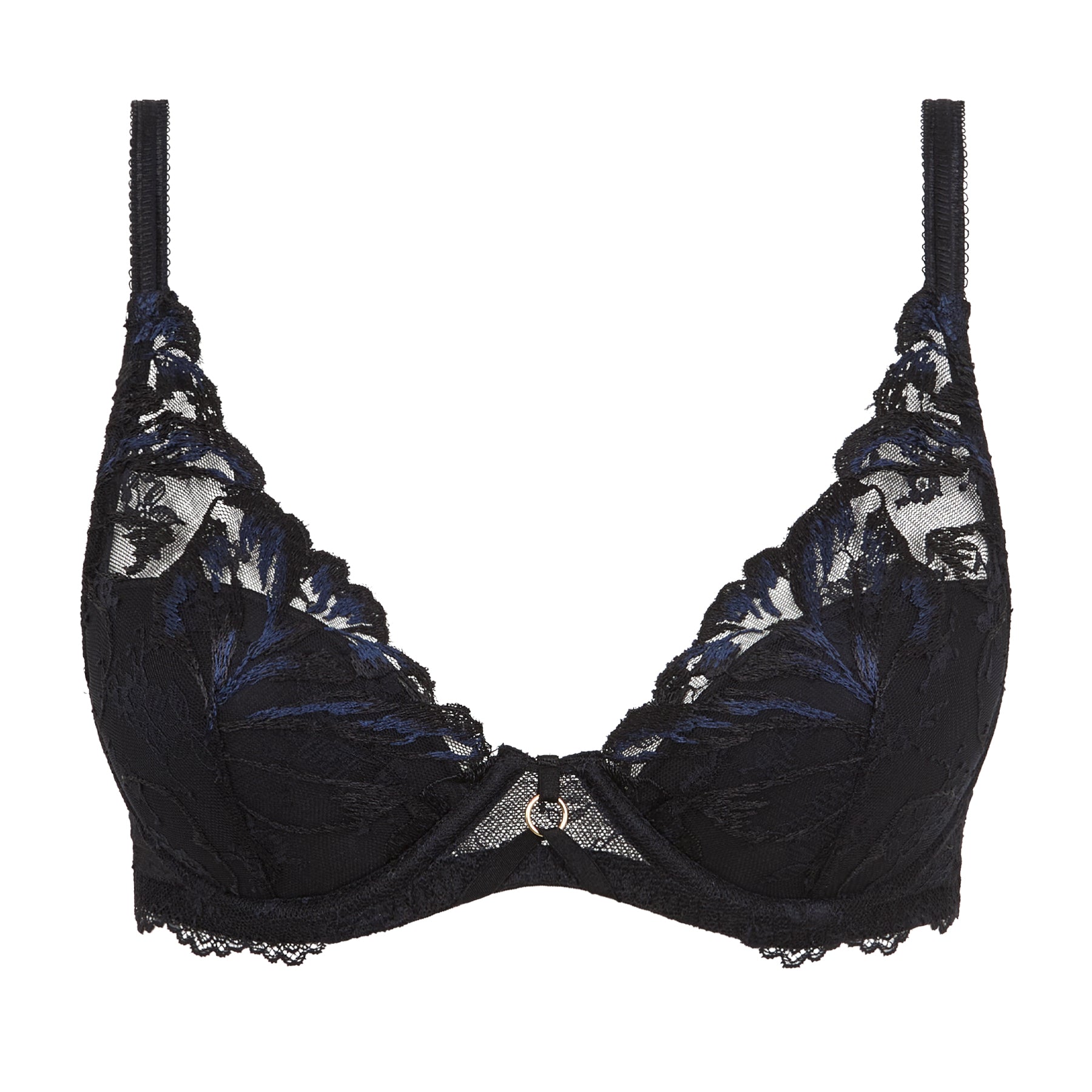 Black and navy floral lace underwire bra with sheer embroidered upper cups, adjustable straps and gold ring detail at the centre.