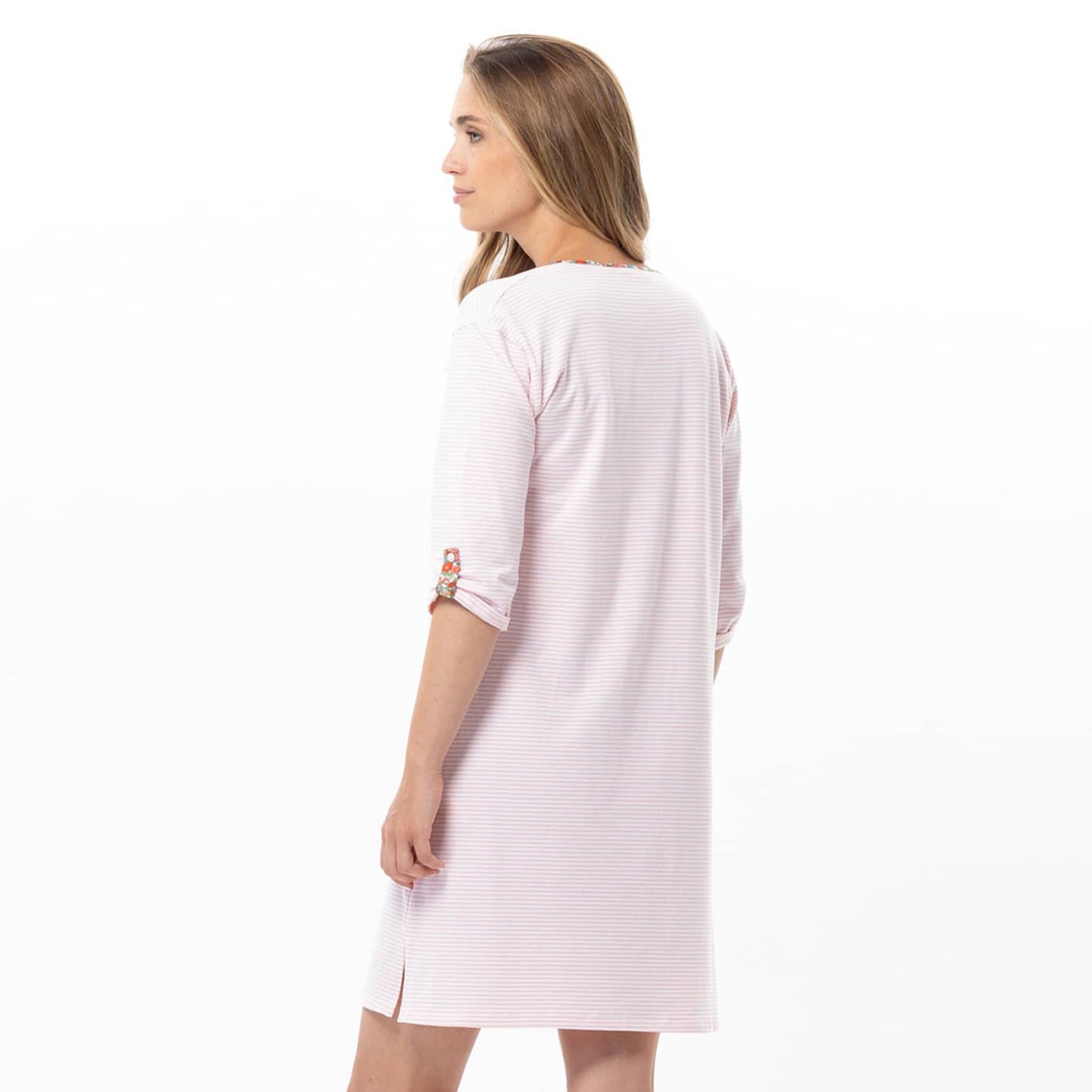 Women’s pink striped cotton nightgown with three-quarter sleeves and floral cuff detail, back view