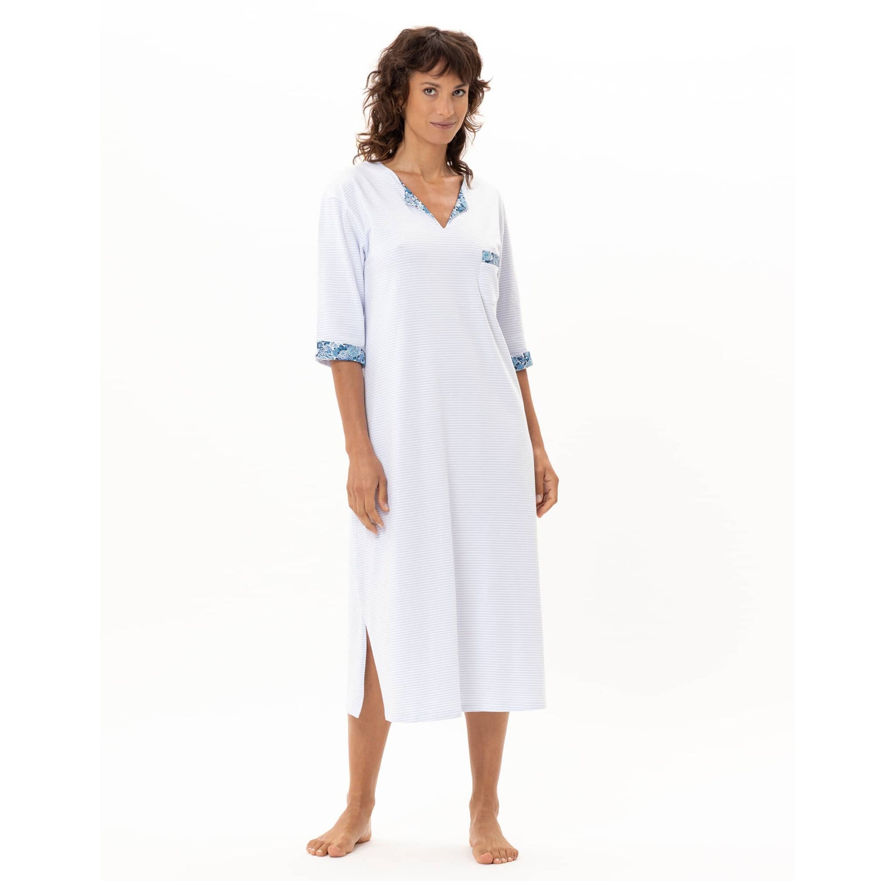 Women’s ciel blue and white stripe cotton nightdress with floral trim V-neck and pocket detail, front view