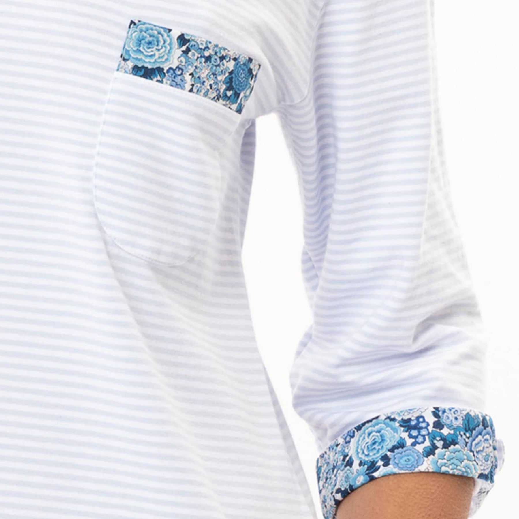 Close-up of blue floral trim pocket on ciel stripe cotton nightgown