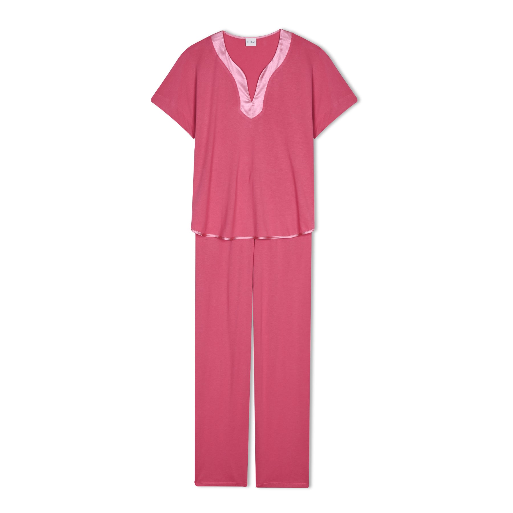 Flat lay of pink satin-trim pyjama set with short sleeve top and full-length pants – style C223APY.