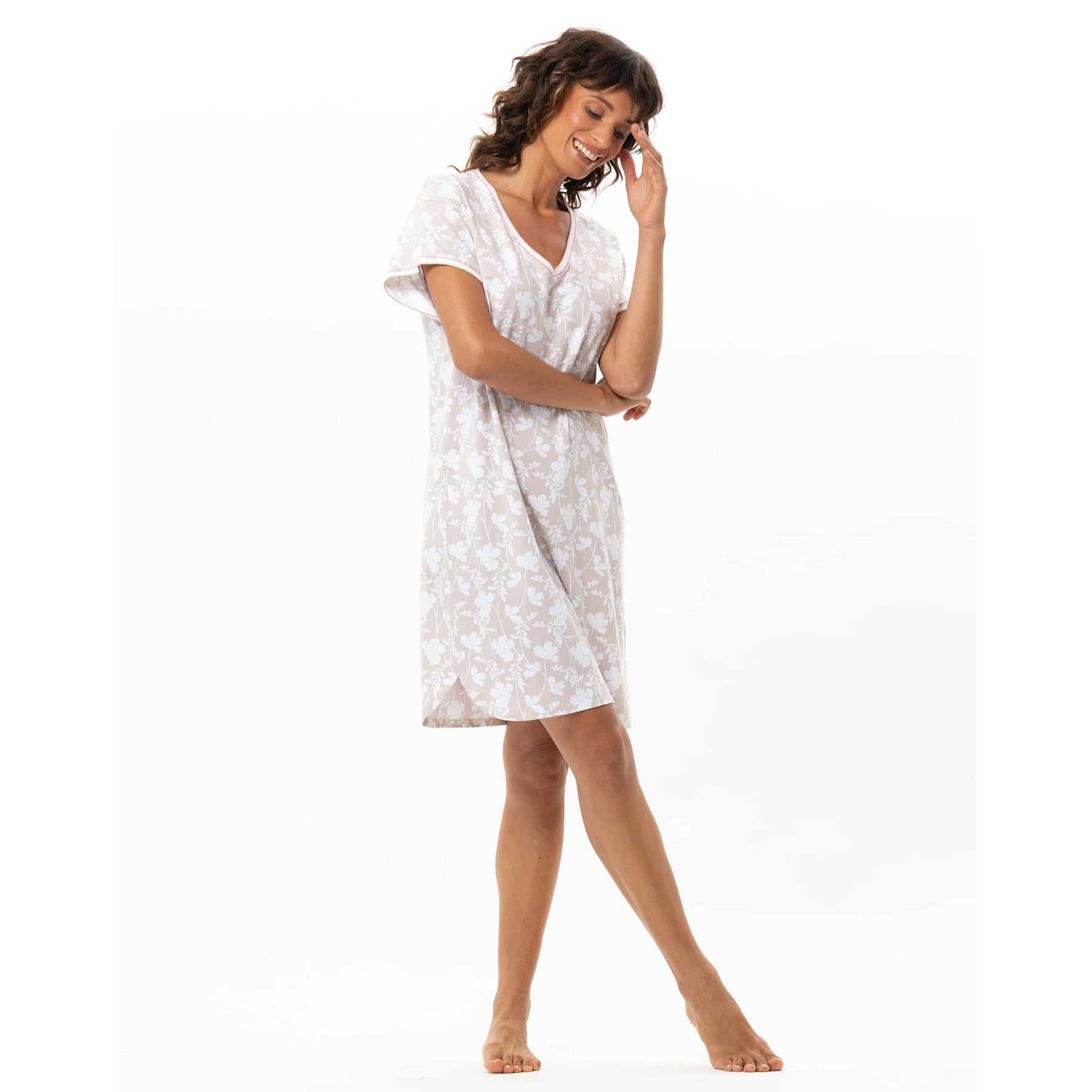 Women’s blanc beige floral print nightdress with short sleeves and V-neckline, front view