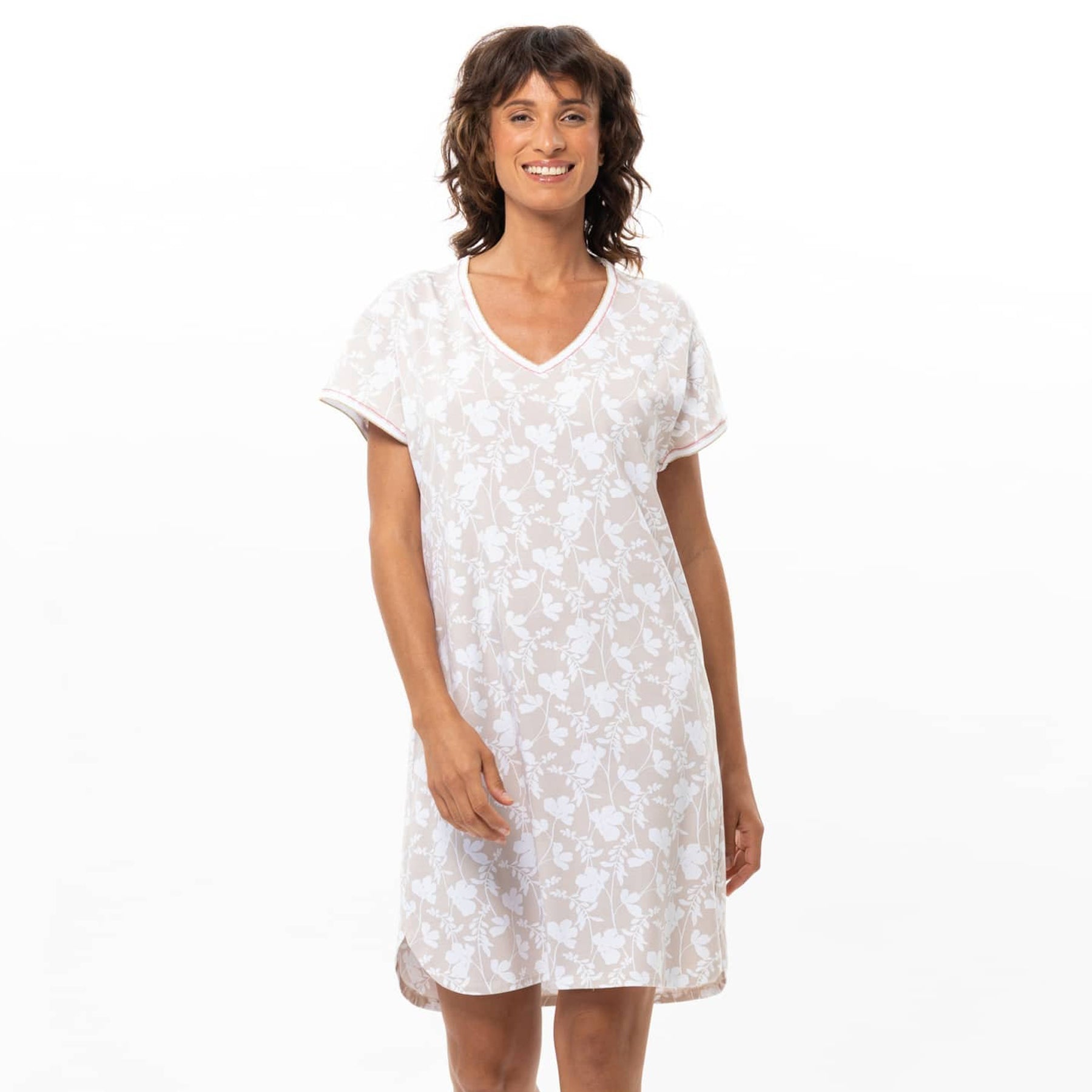 Front view of beige floral knee-length nightdress with V-neck and relaxed fit