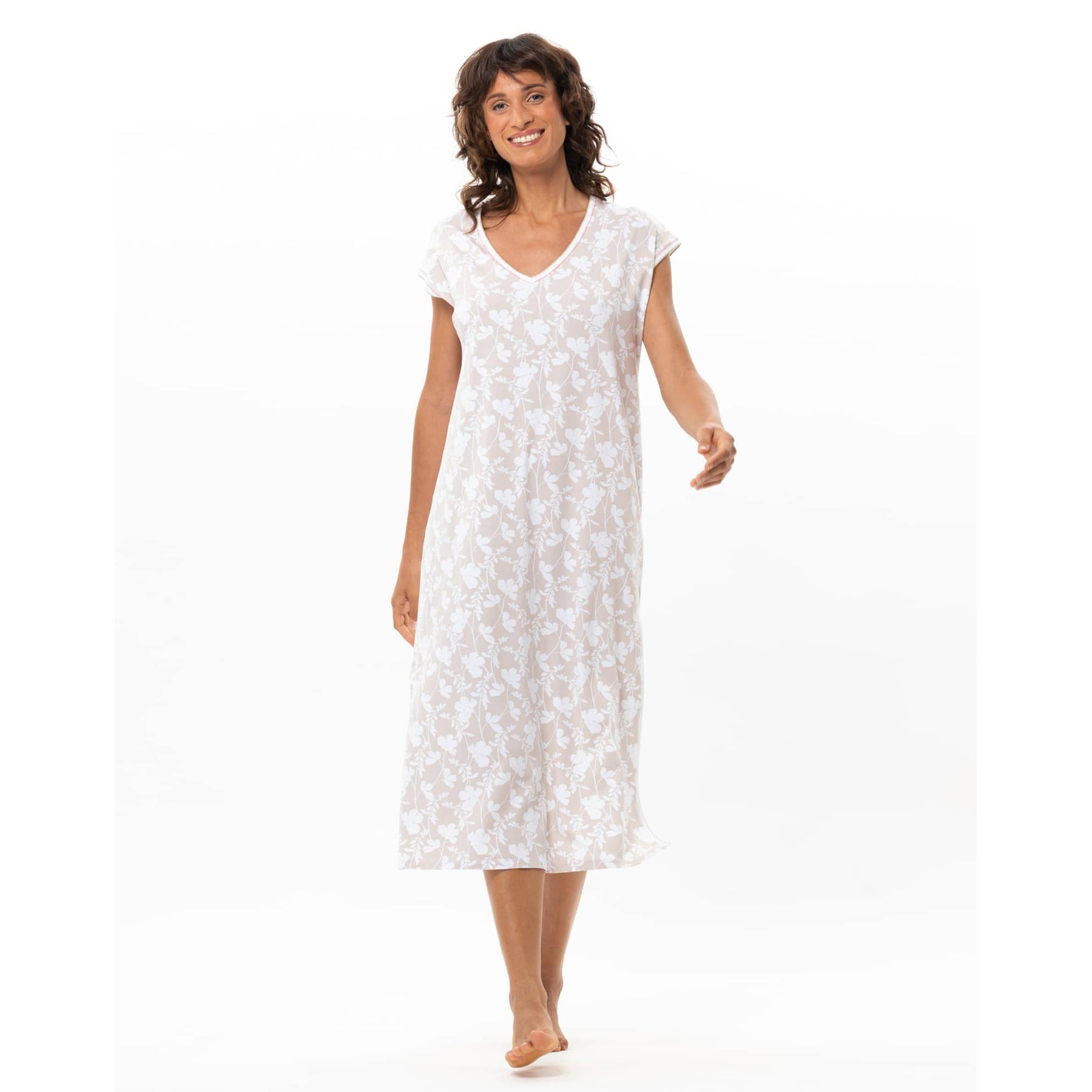 Women’s blanc beige floral print midi nightdress with short sleeves and V-neckline, front view