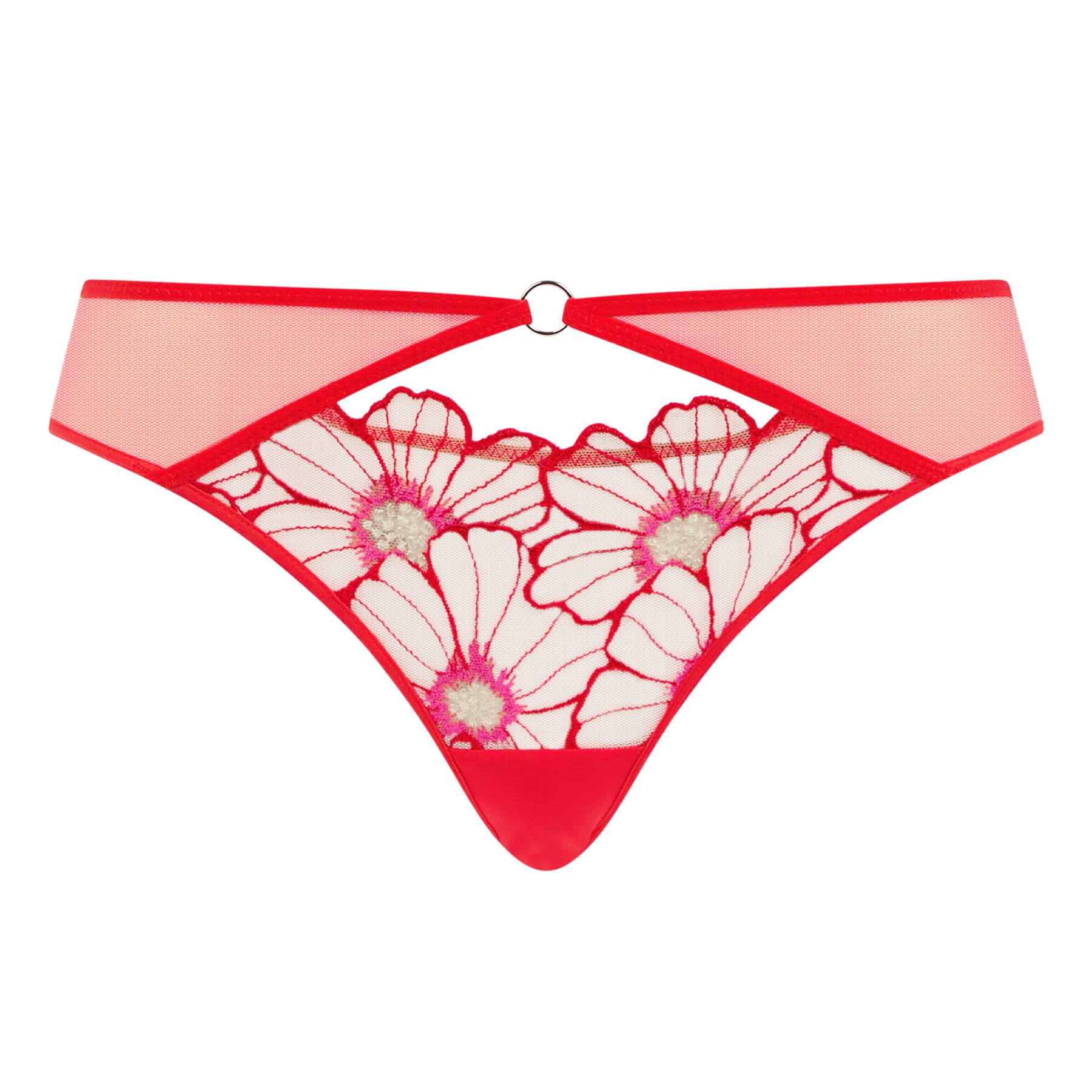 Red lace thong with floral design on a white background