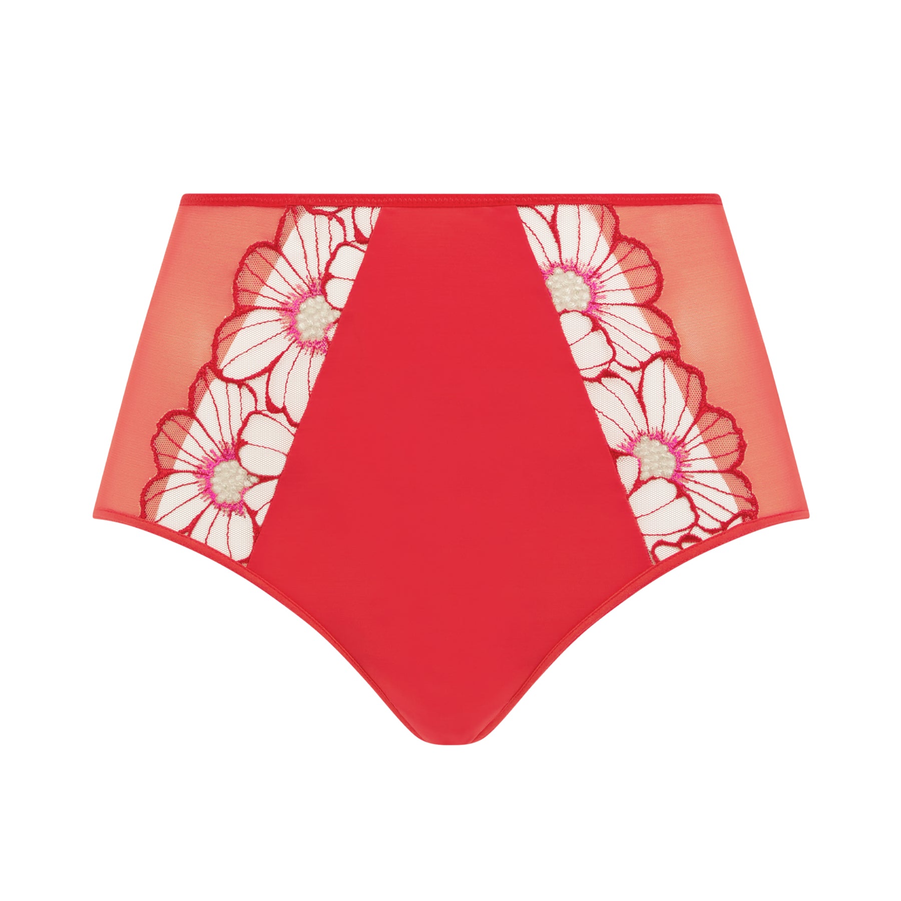Red bikini bottom with white floral patterns on a white background