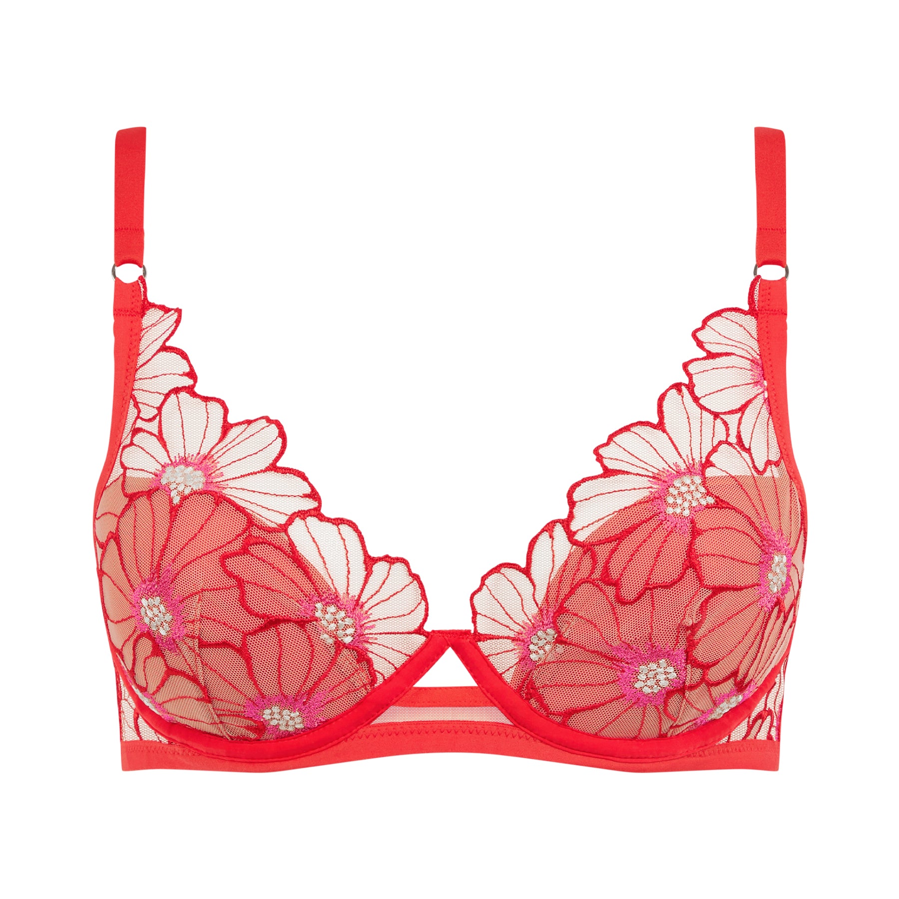 Red floral lace bra on a white background
