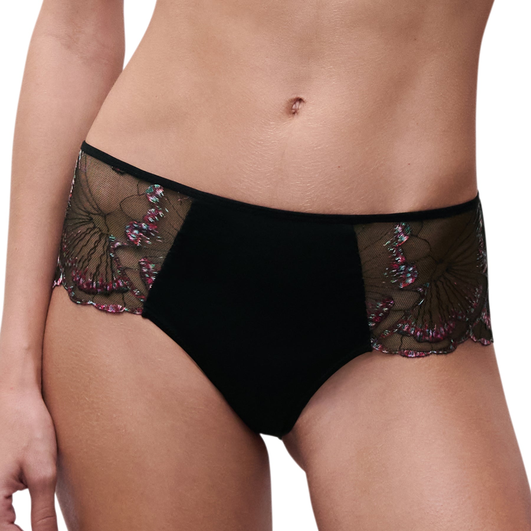 Front angled view of black lace briefs with floral embroidery and mesh side panels.