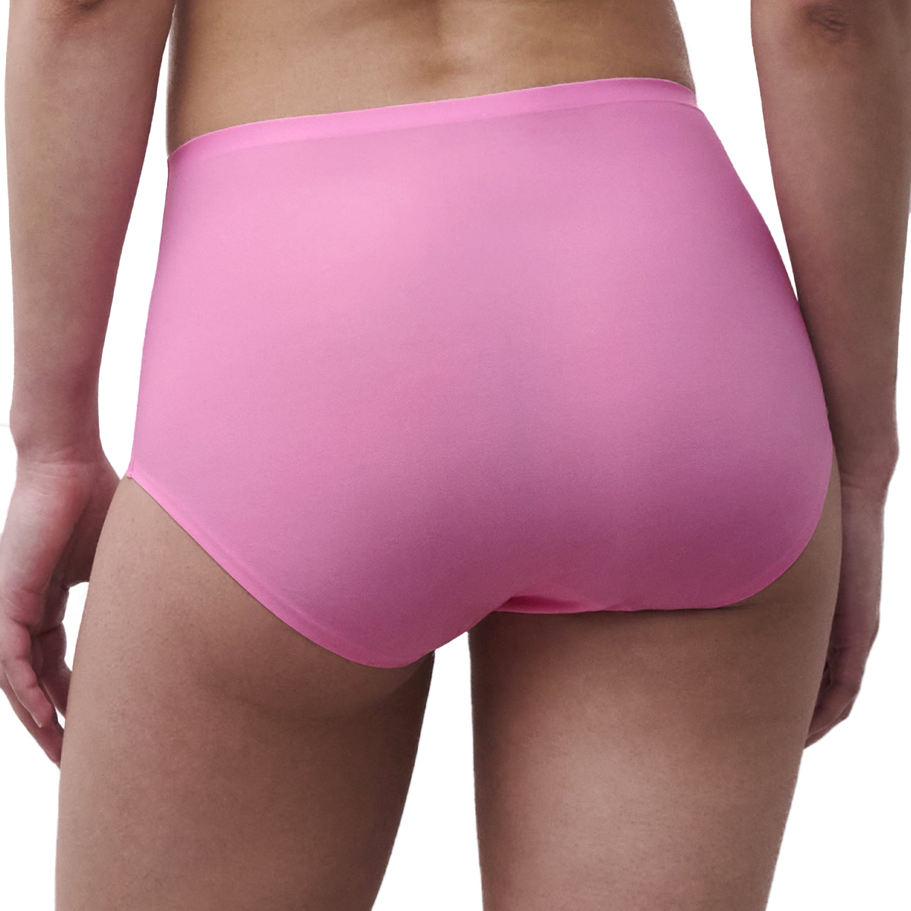 Close-up back view of peony pink seamless high-waist panties with smooth no-show finish and full rear coverage