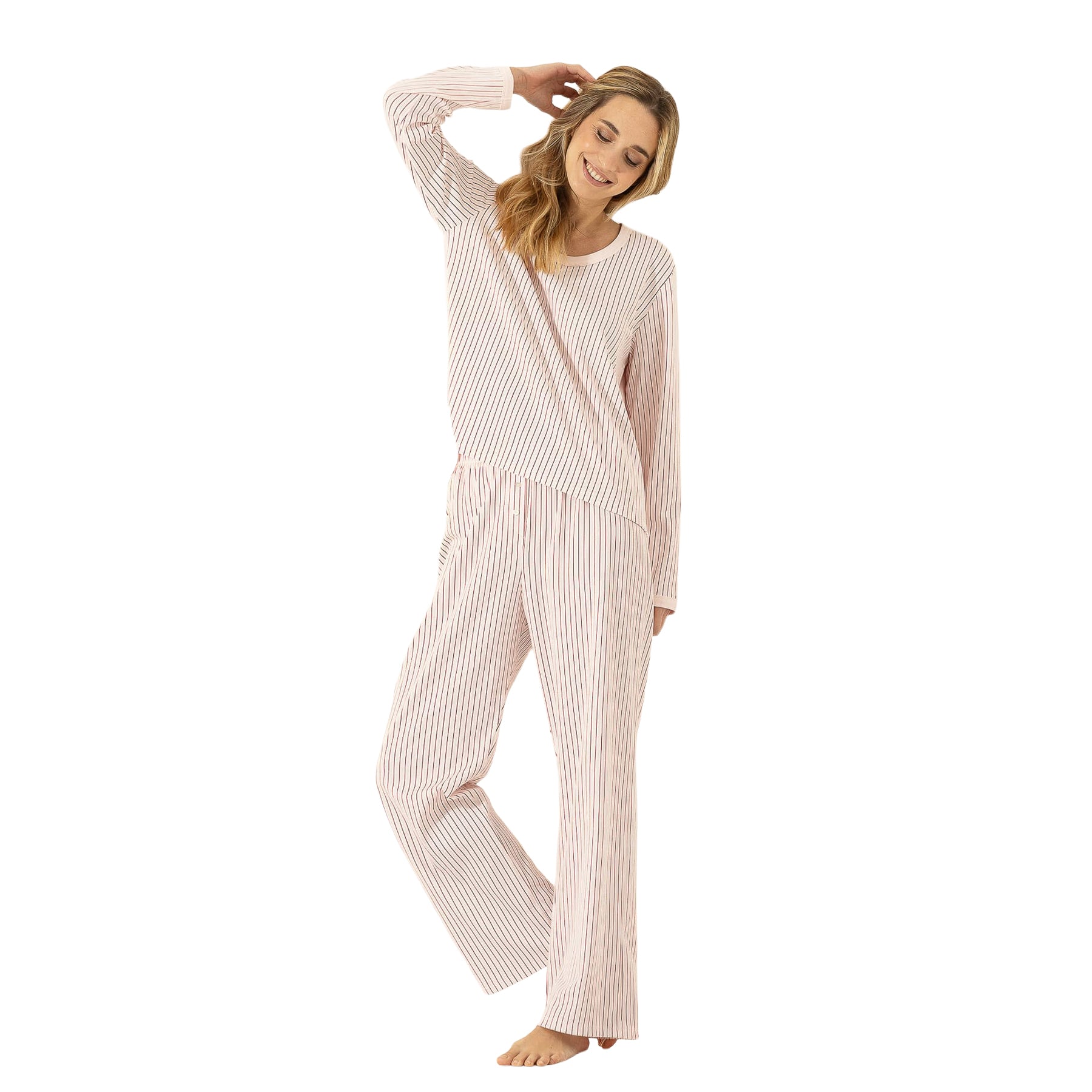 Full-length view of a soft blush pink striped pajama set with a relaxed, flowing fit.