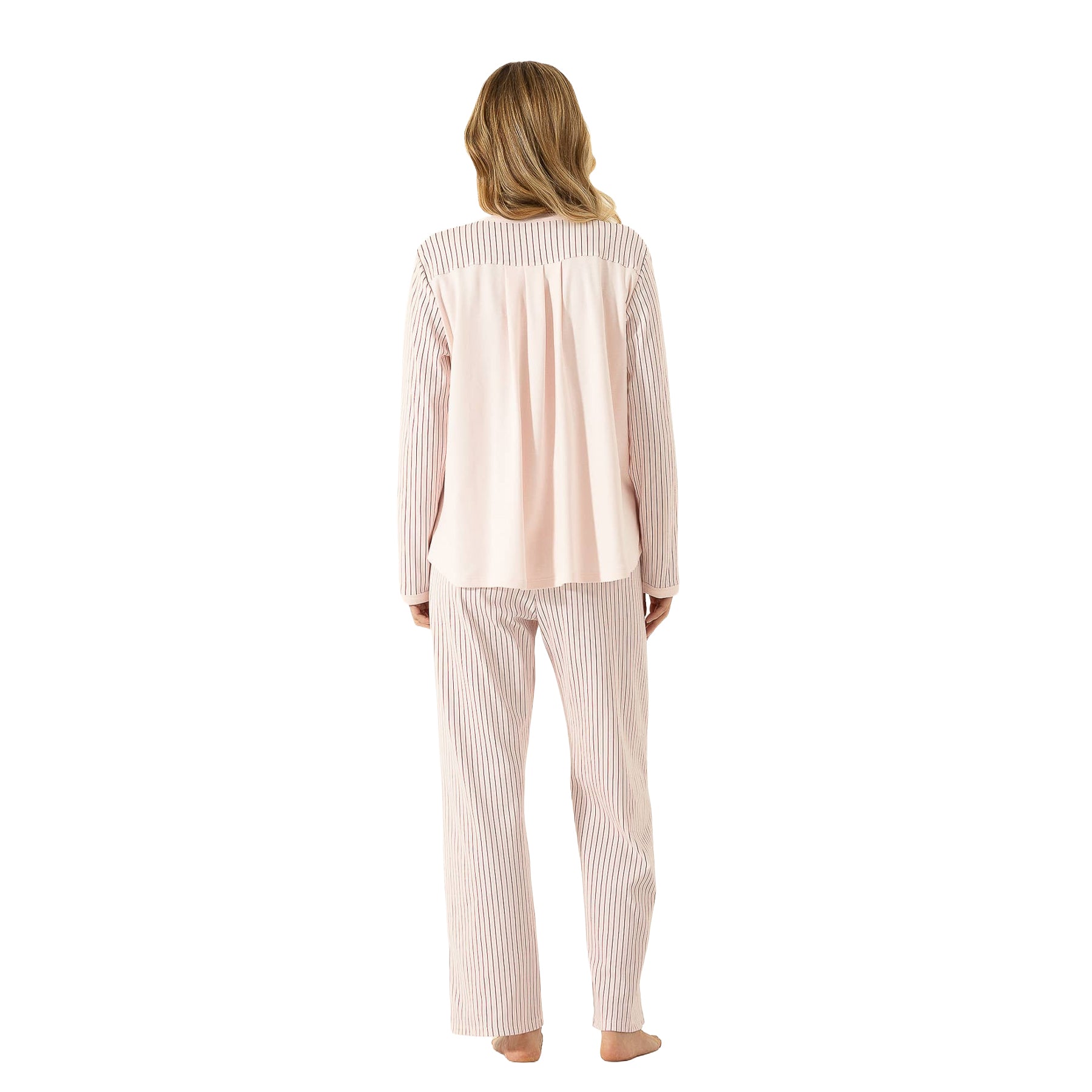 Back view of a blush pink pajama set with striped sleeves and pants and a flowing solid pink back panel.