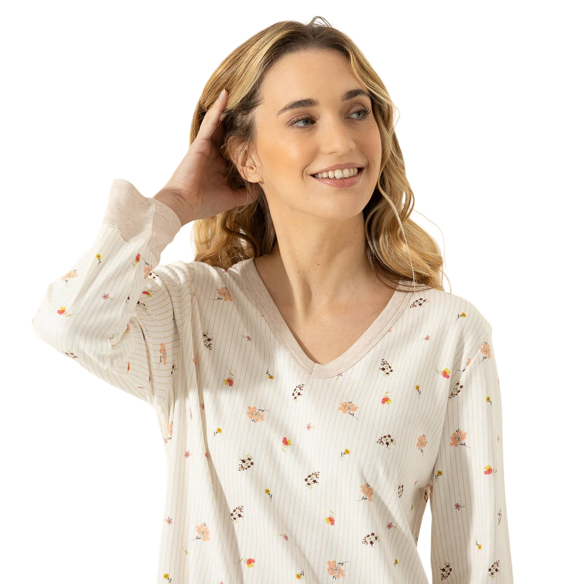 Close-up of cream floral sleep gown featuring a soft V-neckline, fine vertical stripes, and scattered multicolour flowers.