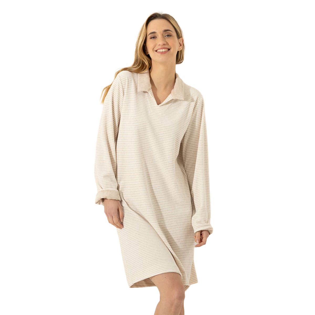 Front Detail: Beige striped long-sleeve nightgown with a soft collar, rolled cuffs, and easy knee-length silhouette.