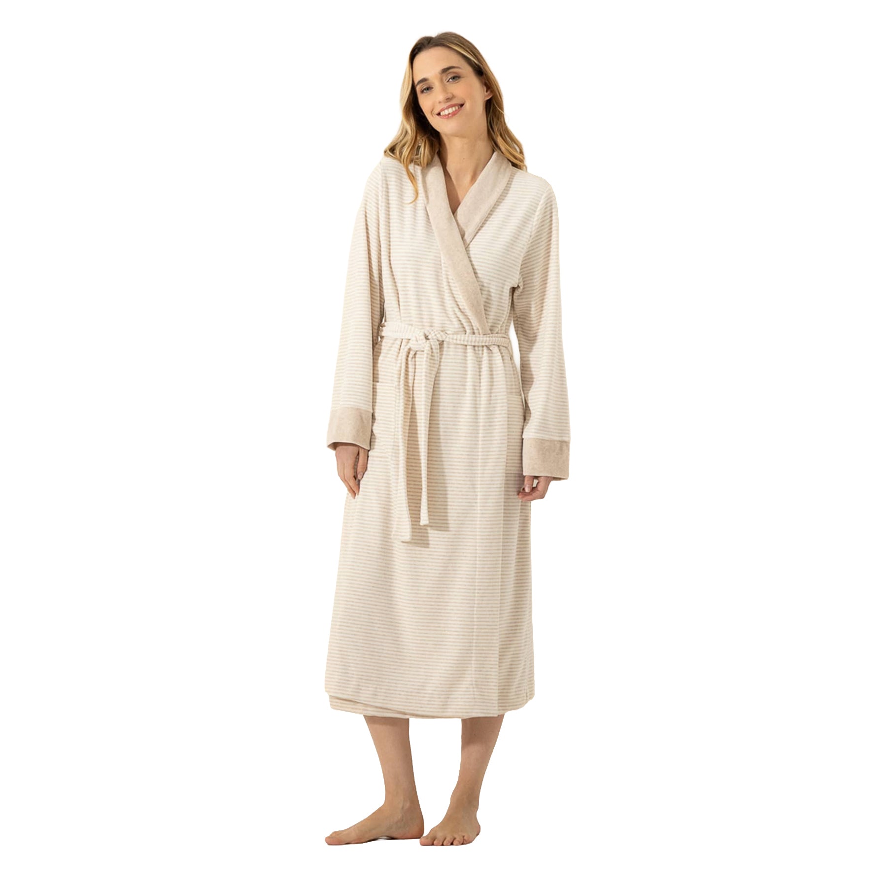Woman wearing a long beige and cream striped robe with a wrap front, waist tie, contrast shawl collar, and long sleeves.