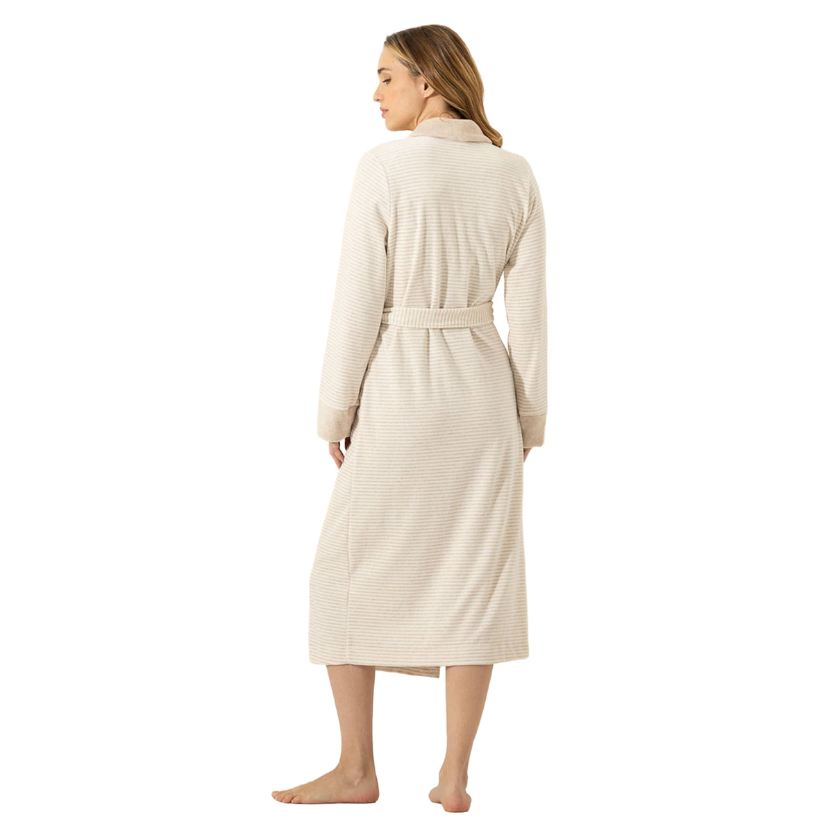 Back view of long beige striped robe with a belted waist, contrast collar and cuffs, and relaxed mid-calf silhouette.