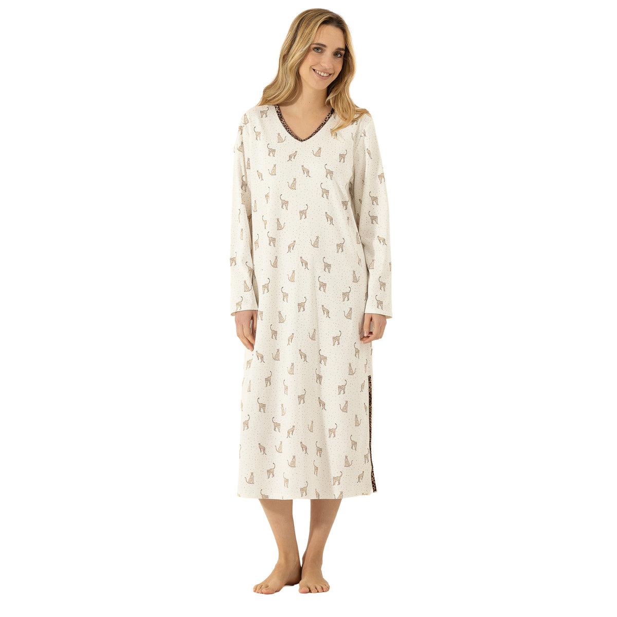 Front view of ivory long-sleeve nightgown featuring a playful leopard print and relaxed ankle-length silhouette.