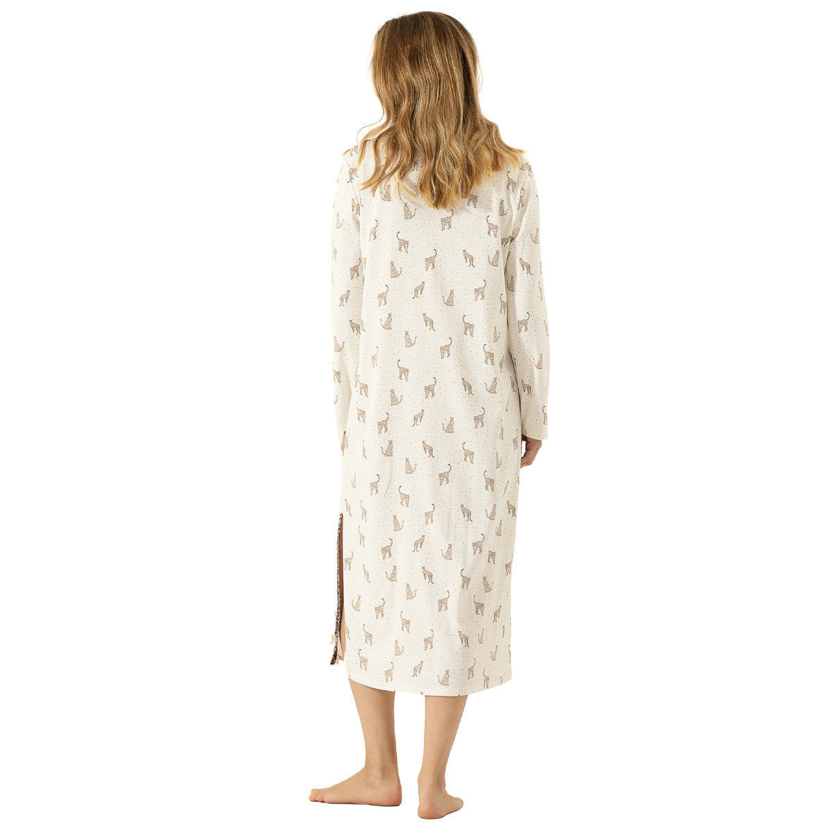 Back view of ivory long-sleeve nightgown with all-over miniature leopard print and relaxed fit.
