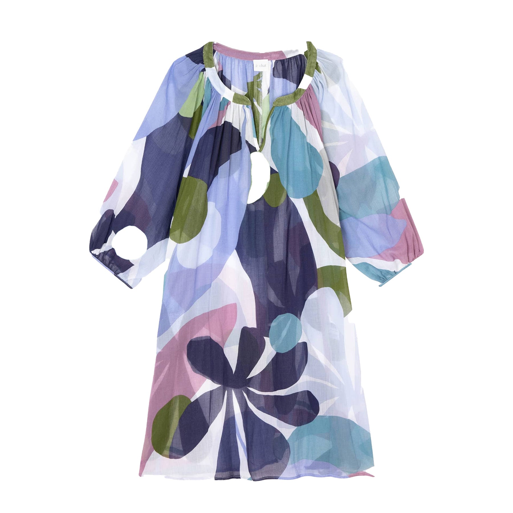 Flat lay of the multicolour floral-print dress with balloon sleeves and gathered neckline, showcasing its abstract pattern and lightweight fabric.