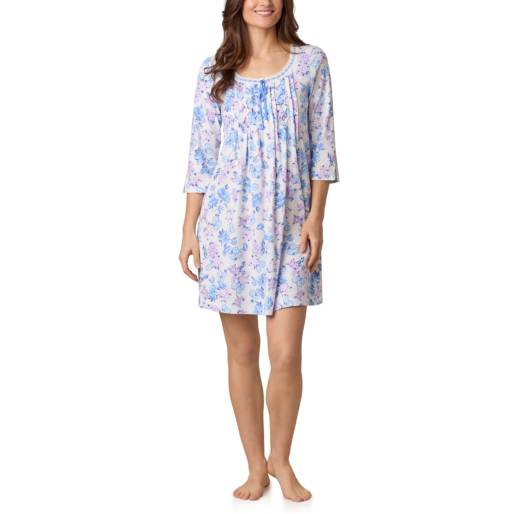 Model wearing Carole Hochman floral chemise with 3/4 sleeves and lace trim