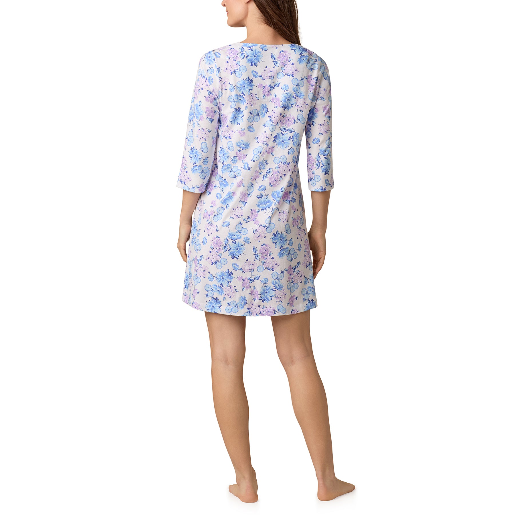 Back view of Carole Hochman 3/4 sleeve cotton chemise in soft floral print