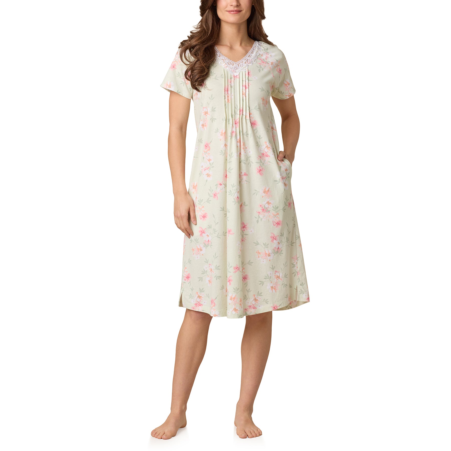 Front view of Carole Hochman green floral short sleeve nightgown with lace neckline