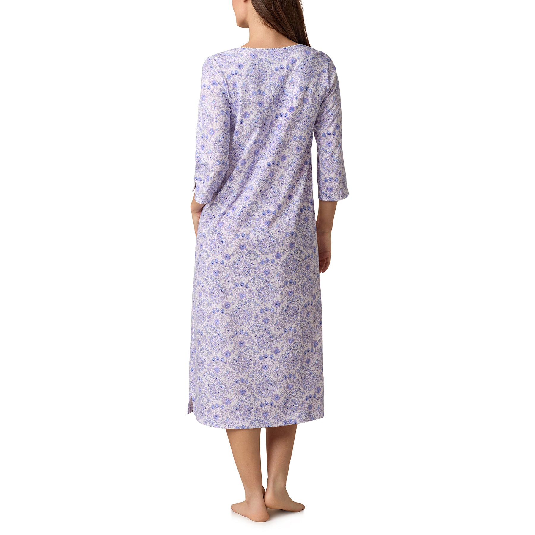 Back view of Carole Hochman long cotton nightgown in purple-blue paisley print with 3/4 sleeves.