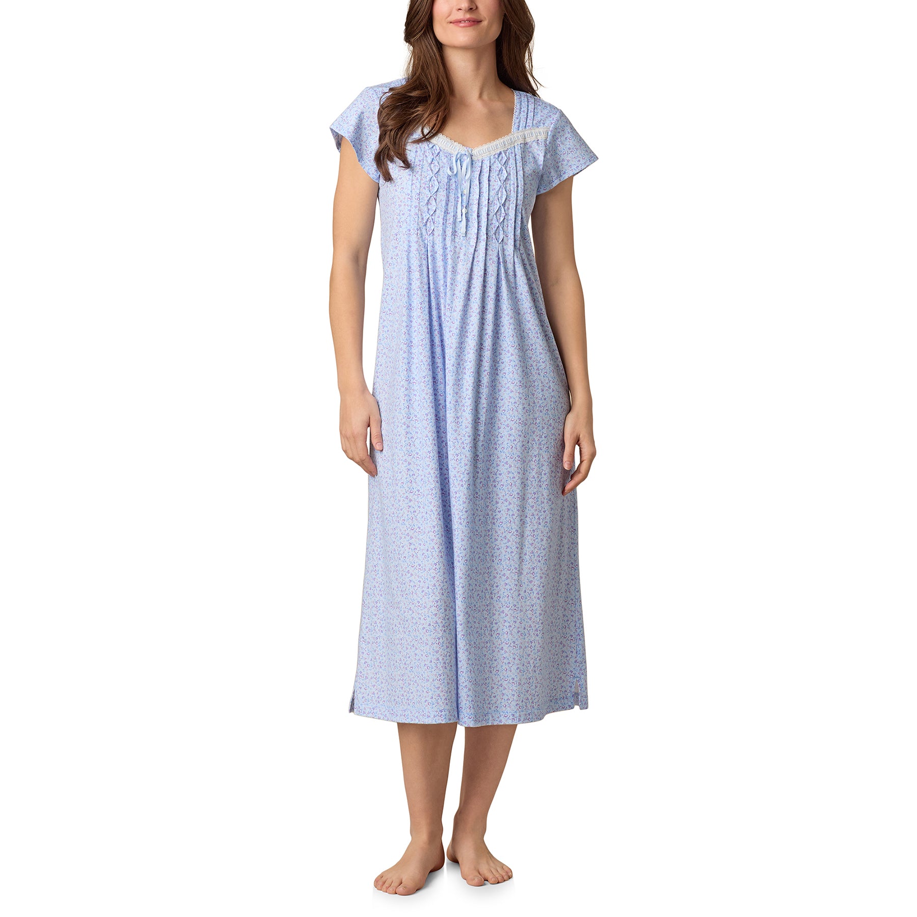 Front view of Carole Hochman cap sleeve nightgown with blue and purple ditsy print