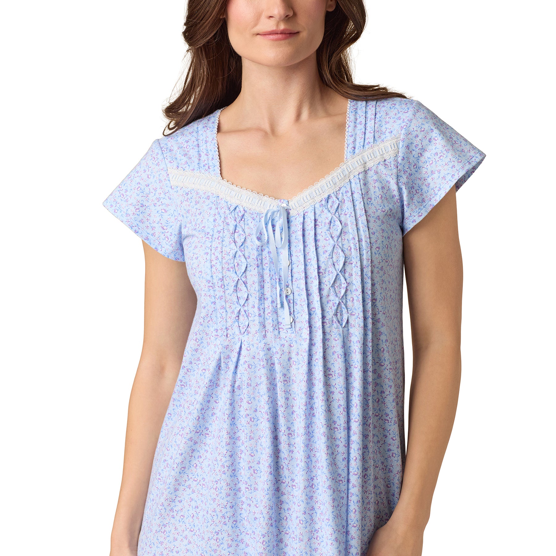 Close-up of neckline and pleating on Carole Hochman ballet gown in blue-purple floral