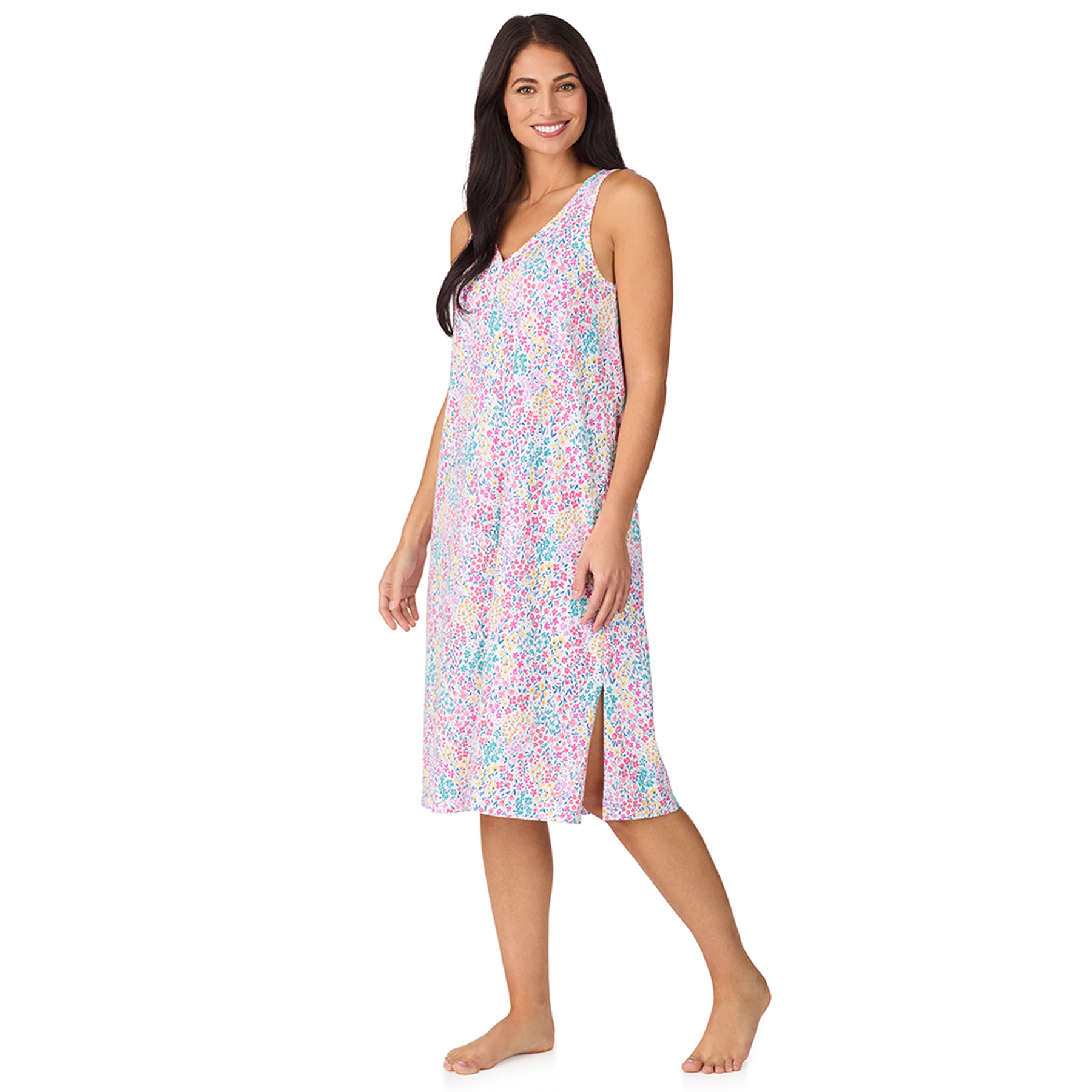 Side view of women’s floral nightgown with midi length and lightweight fabric in multicolour print