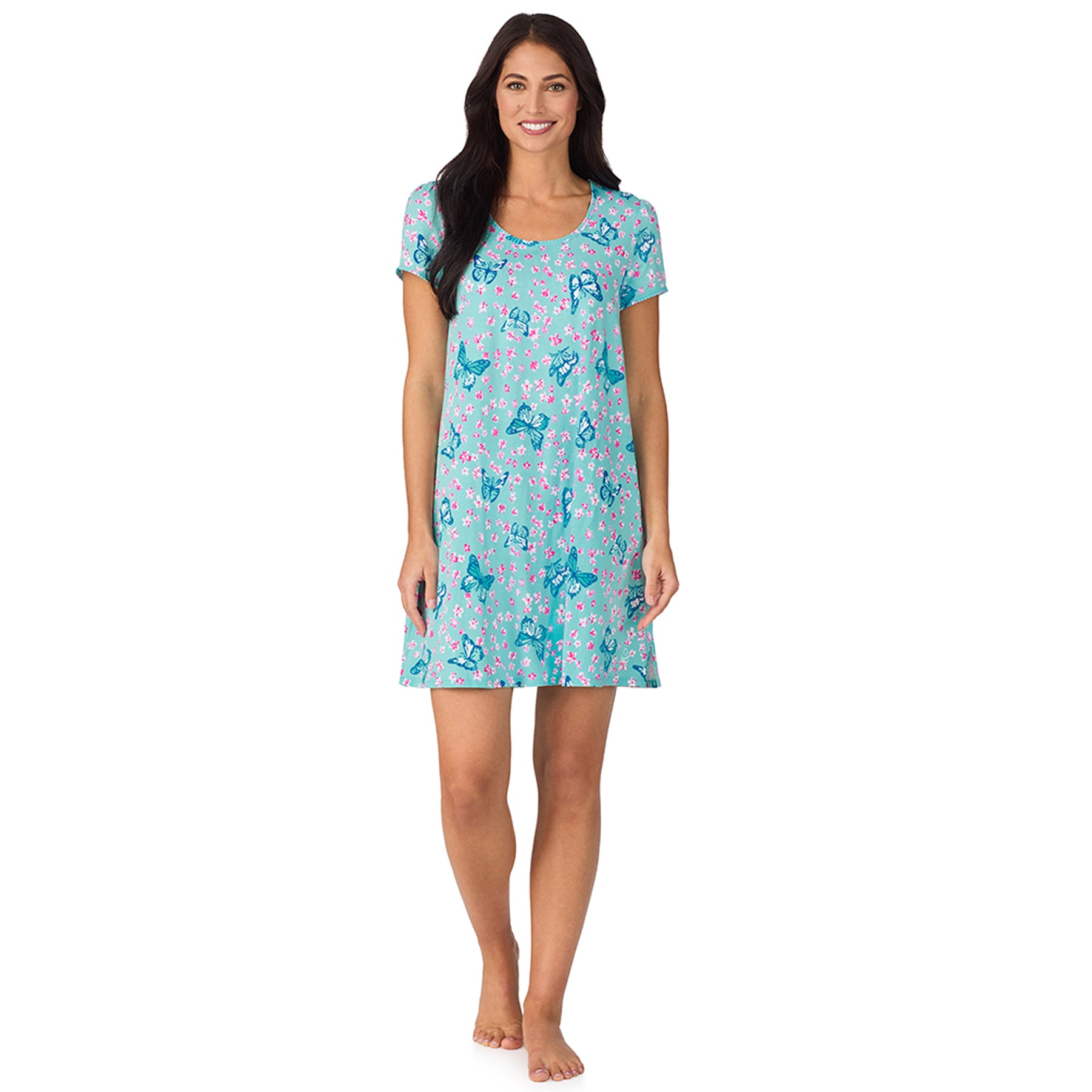 Front view of short sleeve aqua nightgown with butterfly print and relaxed A-line silhouette on model
