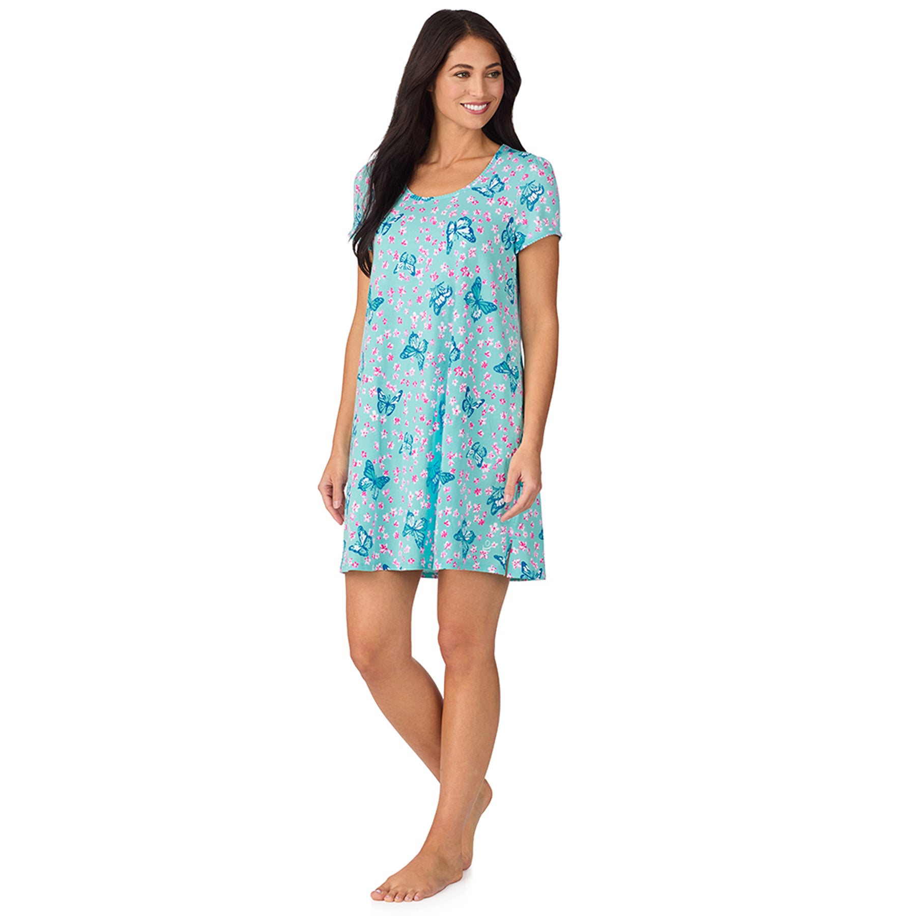 Side angle of women’s aqua butterfly print nightgown with short sleeves and lightweight drape