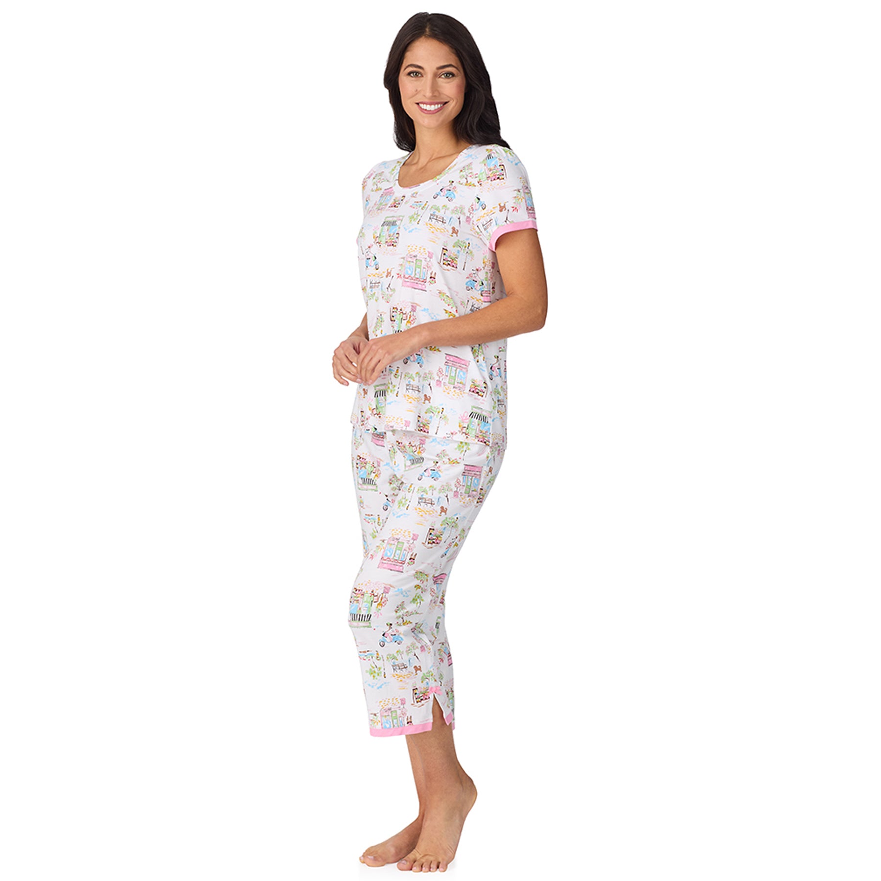 Side angle of printed pyjama set with relaxed fit top and capri pants in soft lightweight fabric