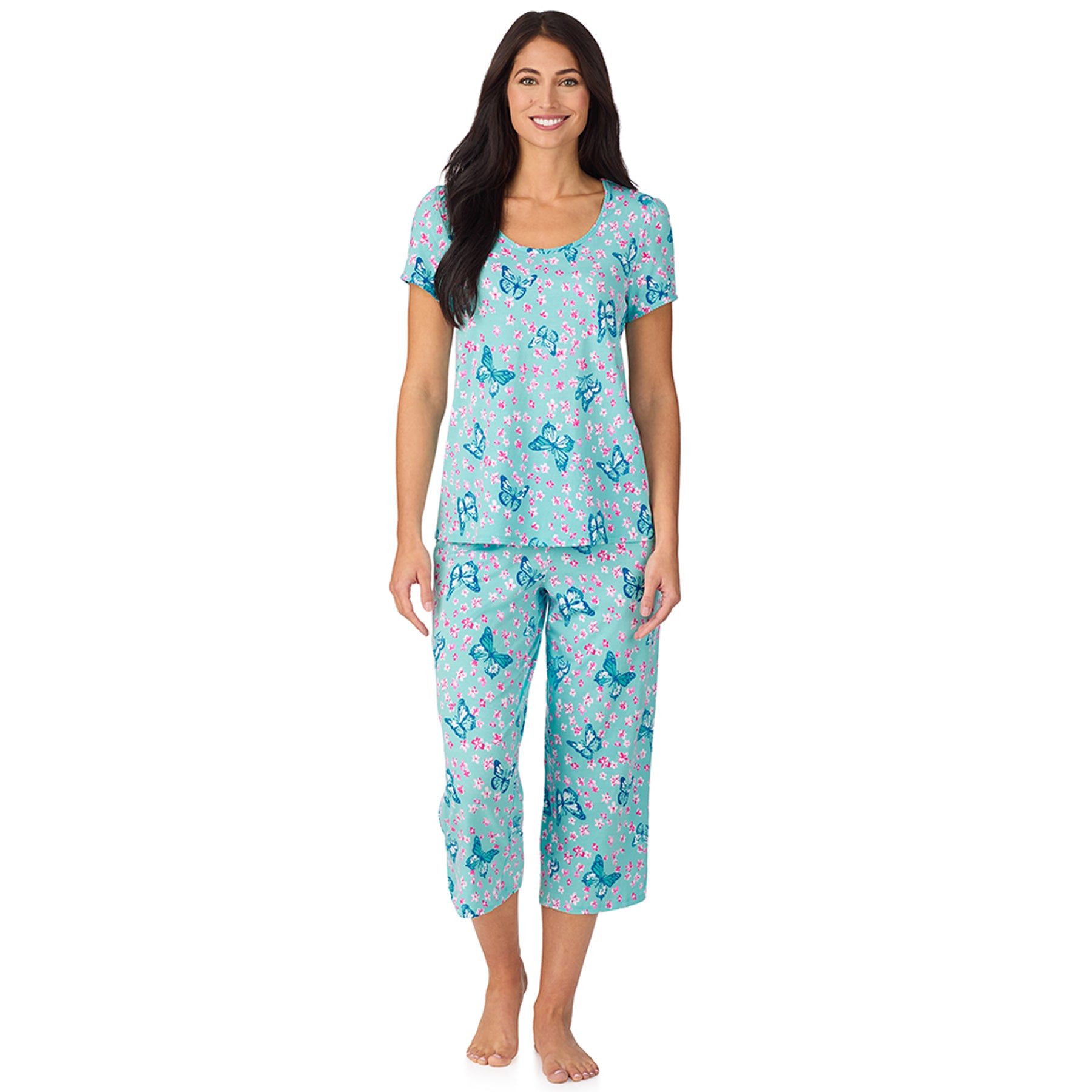 Front view of women’s aqua butterfly print pyjama set with short sleeve top and cropped pants