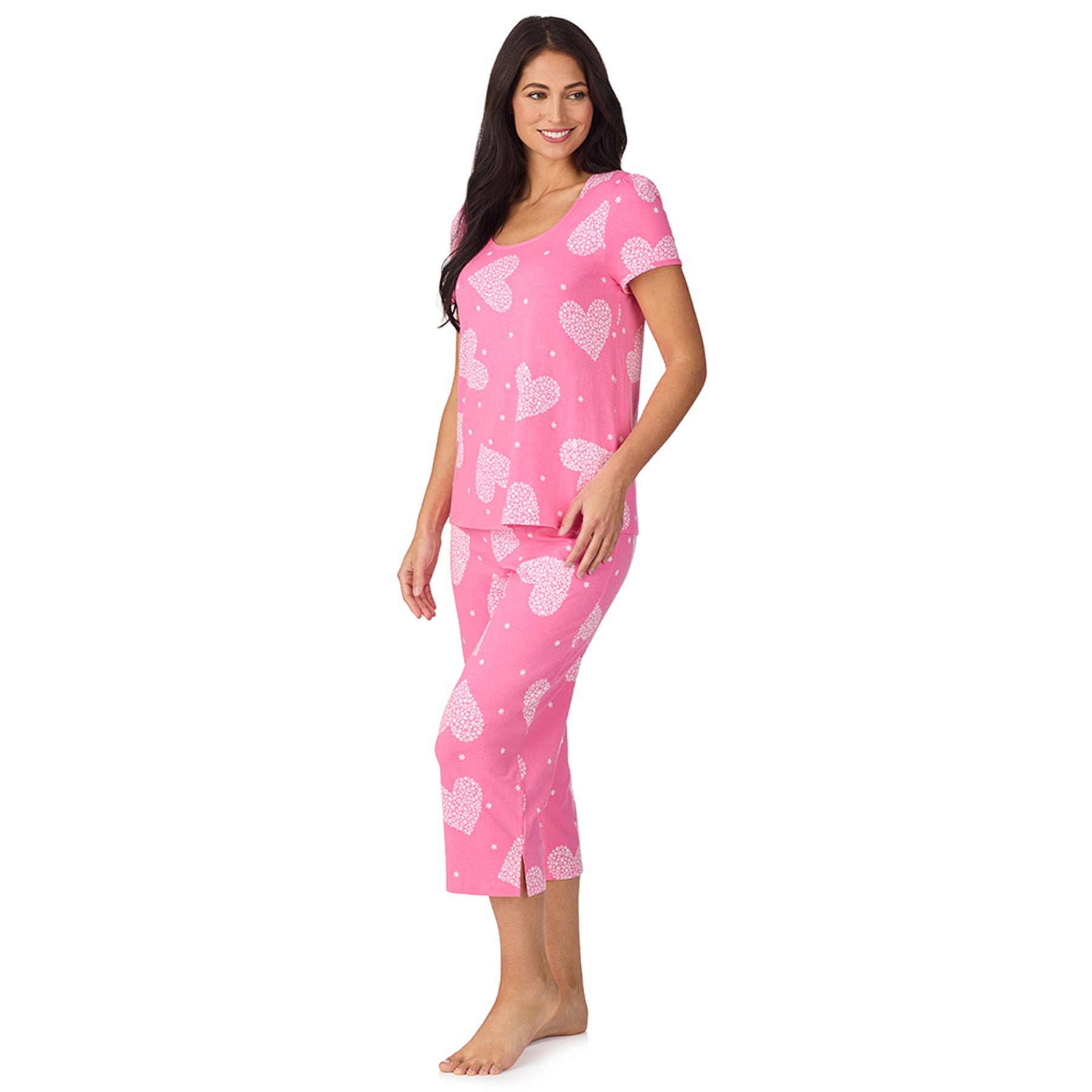 Side angle of pink floral heart print pyjama set with relaxed fit and lightweight fabric