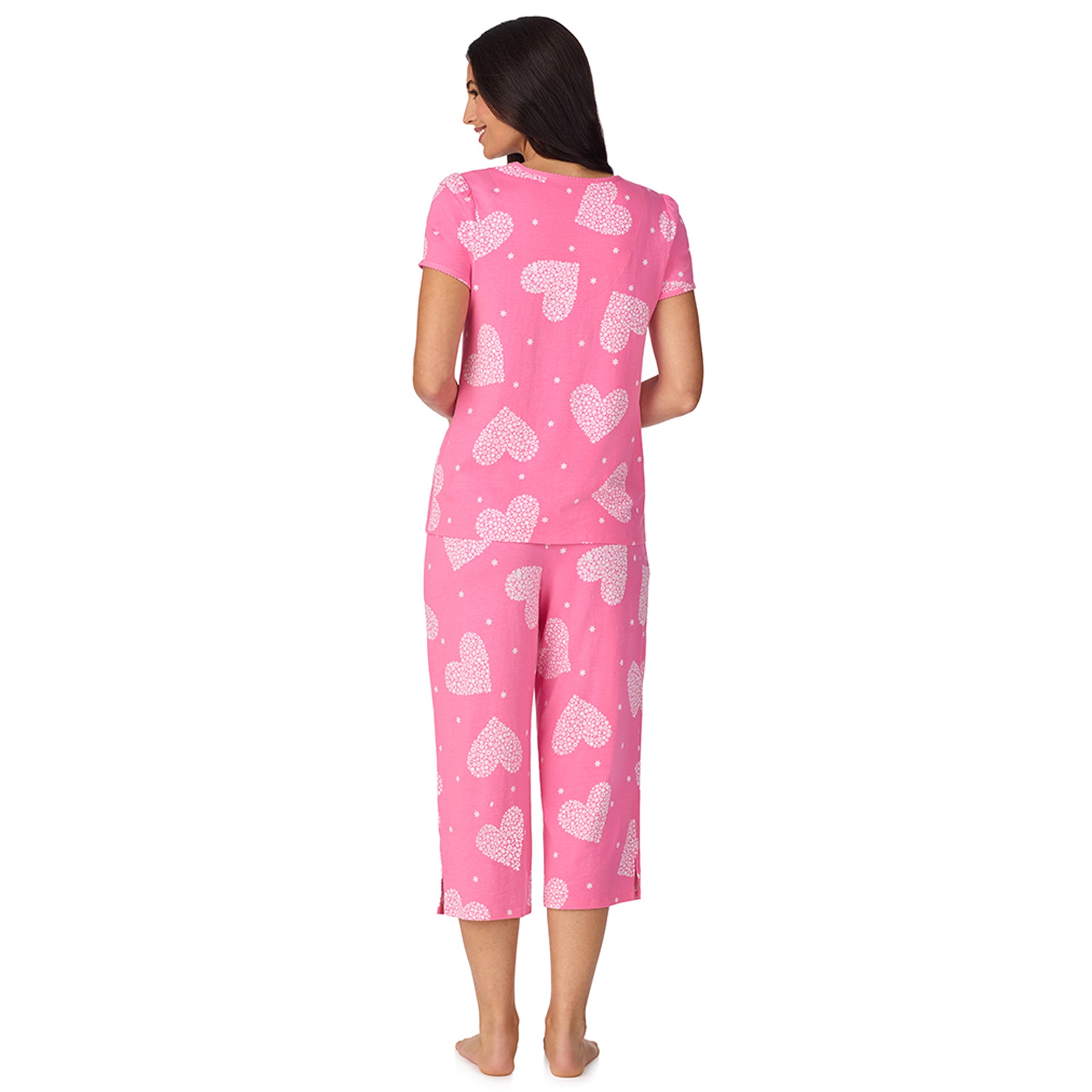 Back view of pink heart print pyjama set with capri pants and comfortable silhouette