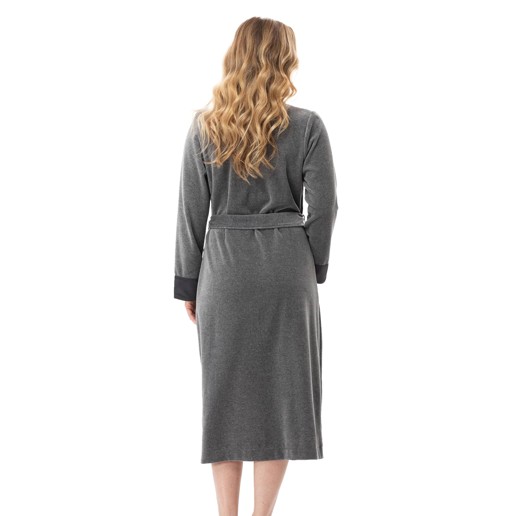Back view of grey velour robe with belt and straight hem.