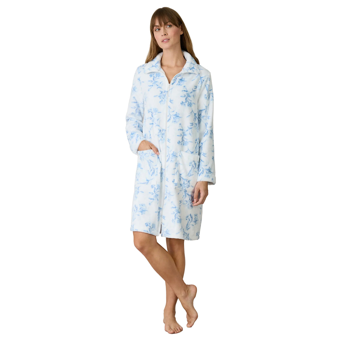 Full-length front view of a white fleece zip robe featuring a light blue floral print, long sleeves, a fold-over collar, front zipper and two patch pockets.