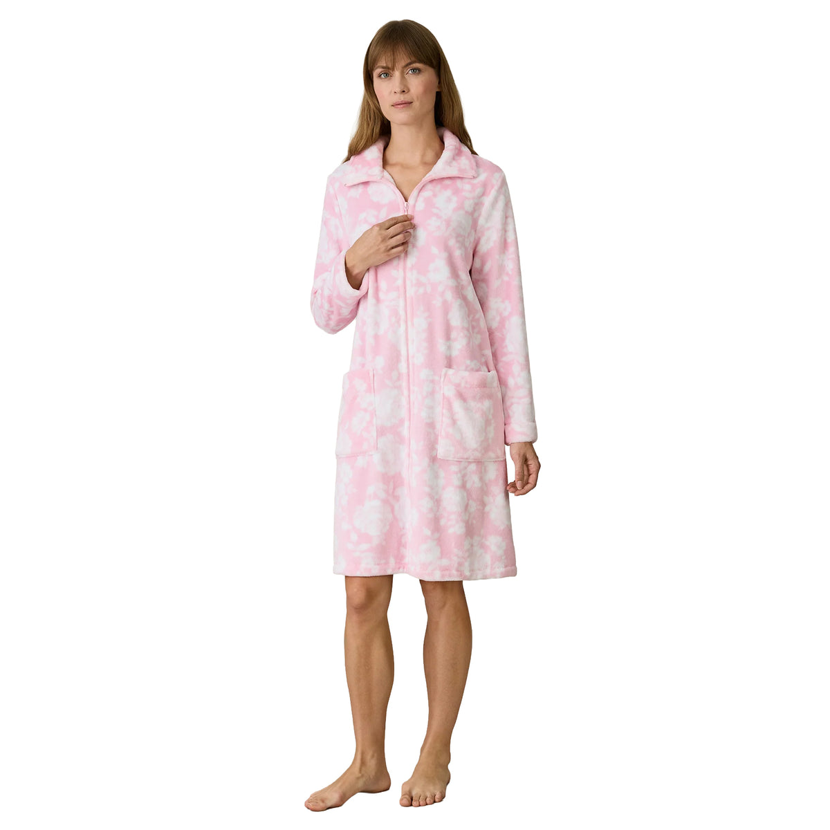 Full-length front view of a Carole Hochman pink floral fleece robe featuring a front zipper, relaxed knee-length silhouette and spacious patch pockets.