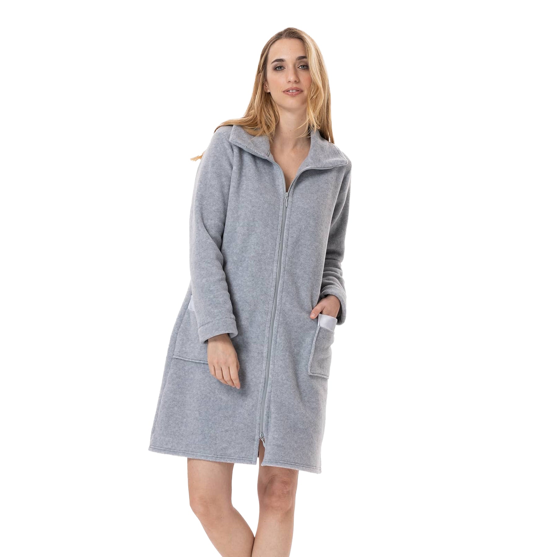 Woman posing in light grey zip-front robe with relaxed fit and patch pockets.