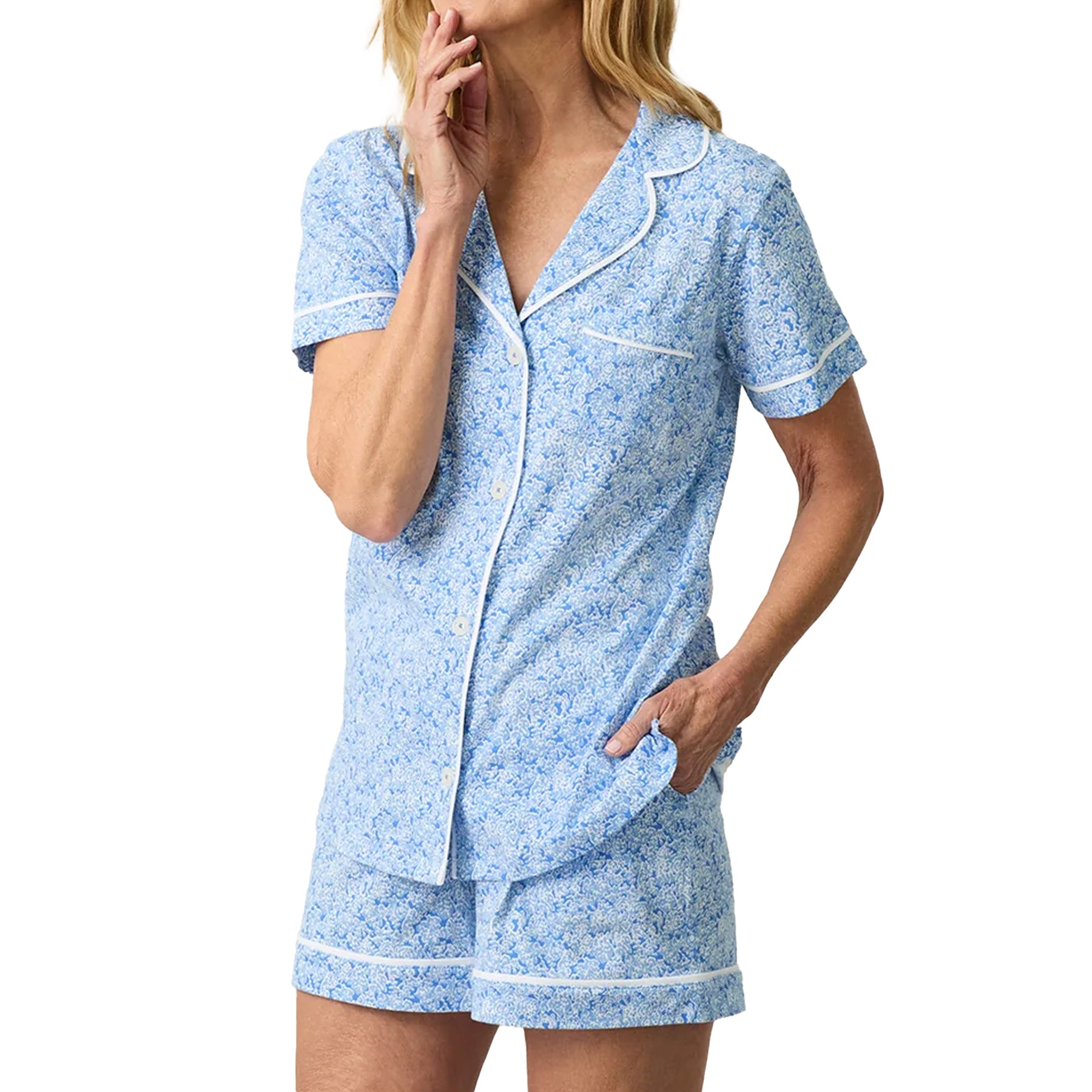 Close-up of blue floral short sleeve pyjama top with white piping trim, collar and chest pocket.